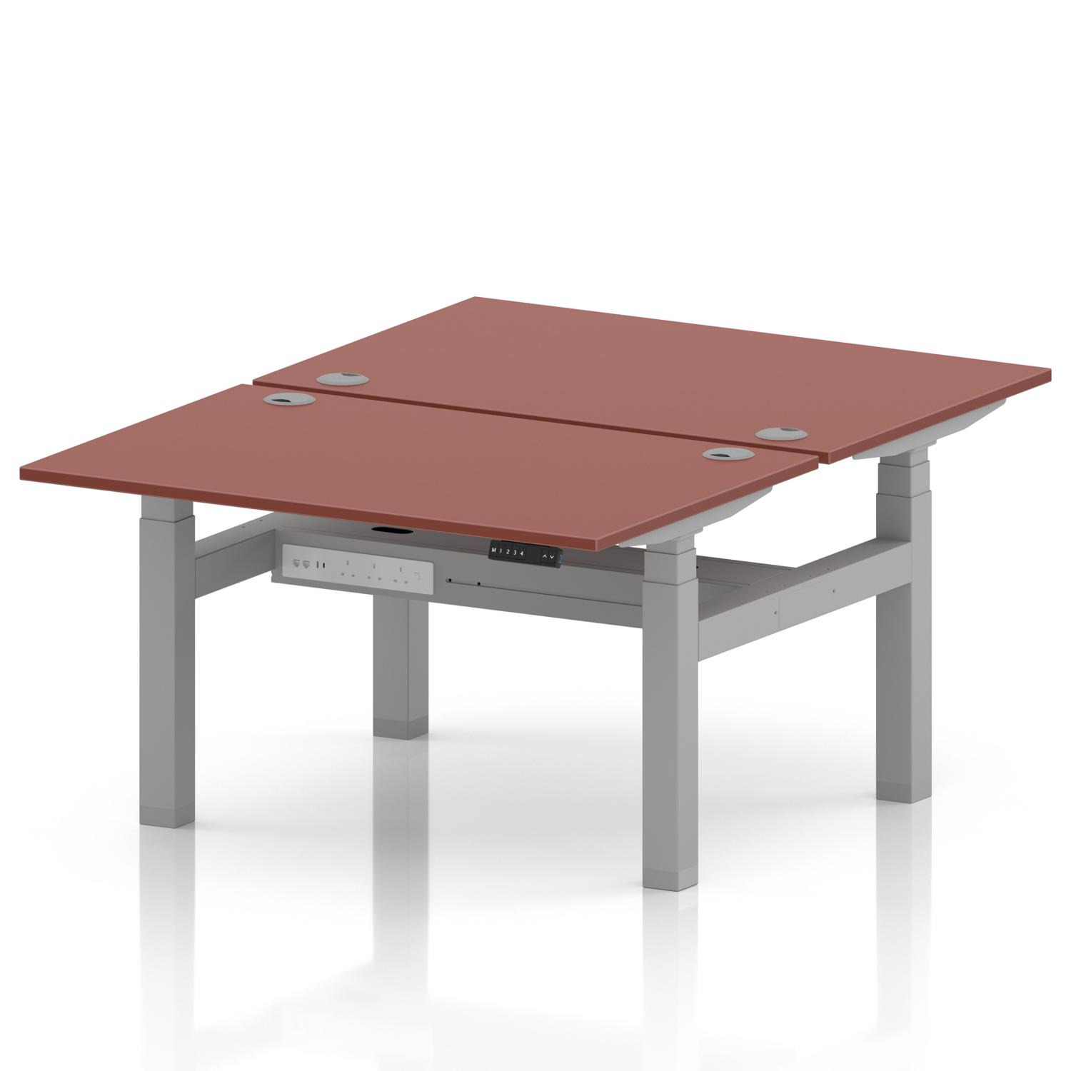 Air Back-to-Back 1200 x 800mm Height Adjustable 2 Person Office Bench Desk Brick Red Top with Cable Ports Silver Frame Air Back-to-Back 1200 x 800mm Height Adjustable 2 Person Office Bench Desk Brick Red Top with Cable Ports Silver Frame