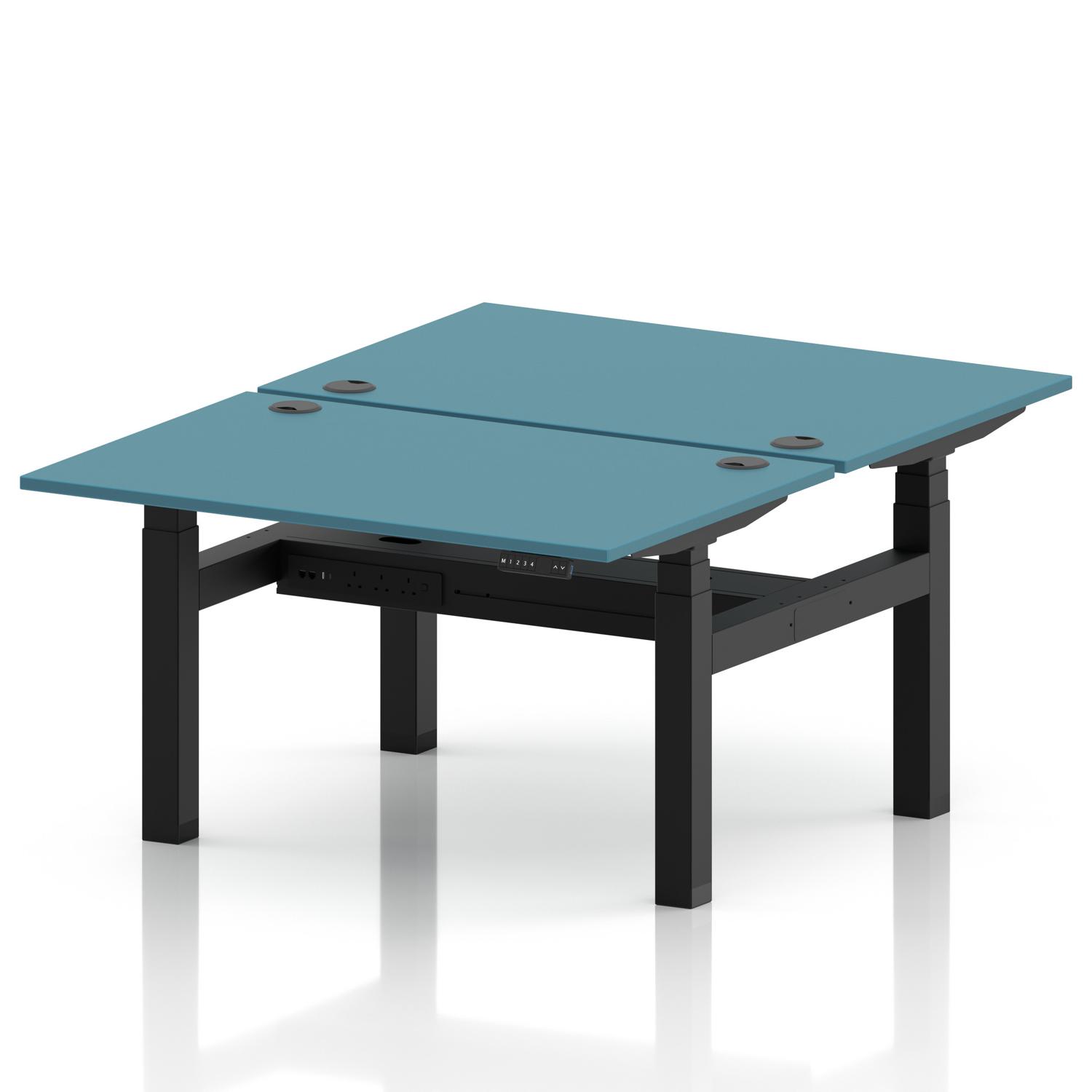 Air Back-to-Back 1200 x 800mm Height Adjustable 2 Person Office Bench Desk Dark Teal Top with Cable Ports Black Frame Air Back-to-Back 1200 x 800mm Height Adjustable 2 Person Office Bench Desk Dark Teal Top with Cable Ports Black Frame