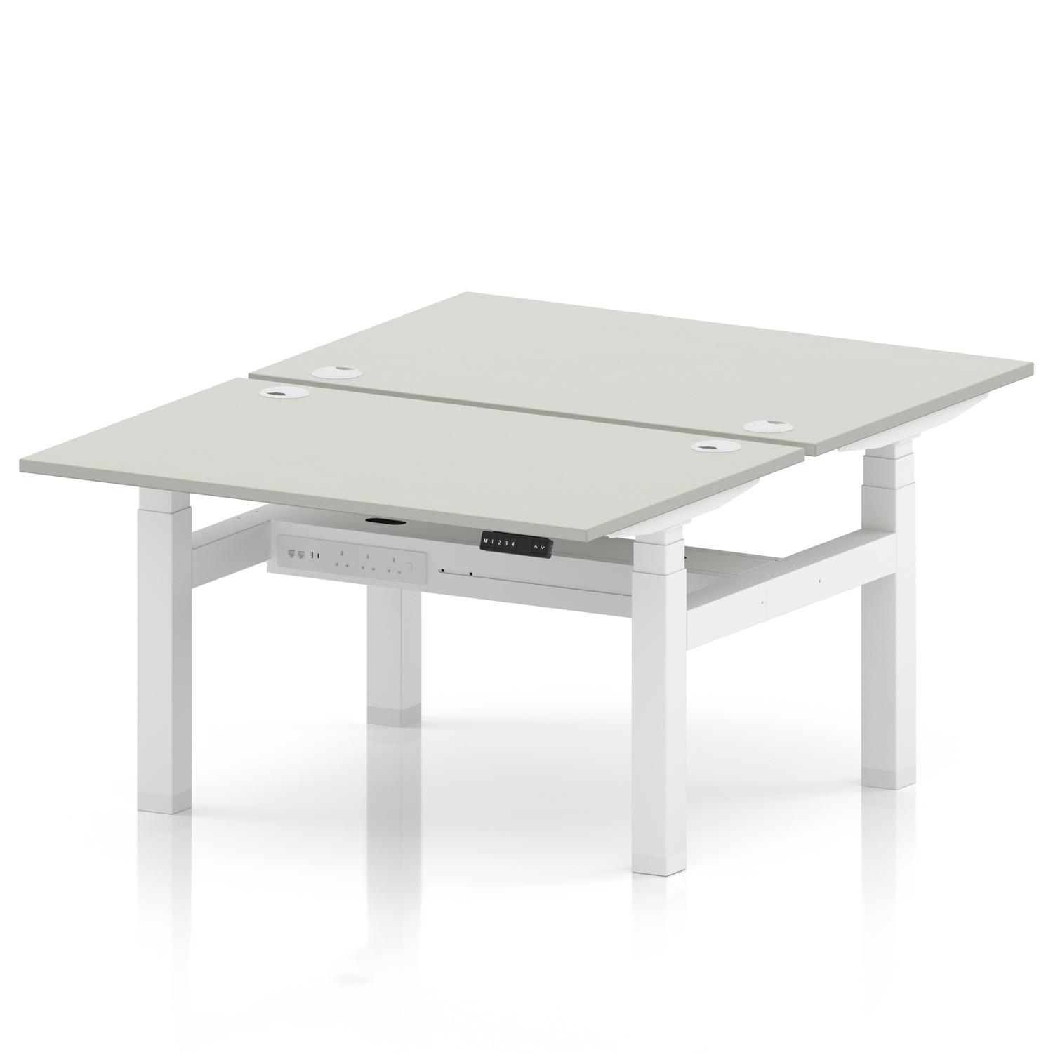 Air Back-to-Back 1200 x 800mm Height Adjustable 2 Person Office Bench Desk Dove Grey Top with Cable Ports White Frame Air Back-to-Back 1200 x 800mm Height Adjustable 2 Person Office Bench Desk Dove Grey Top with Cable Ports White Frame