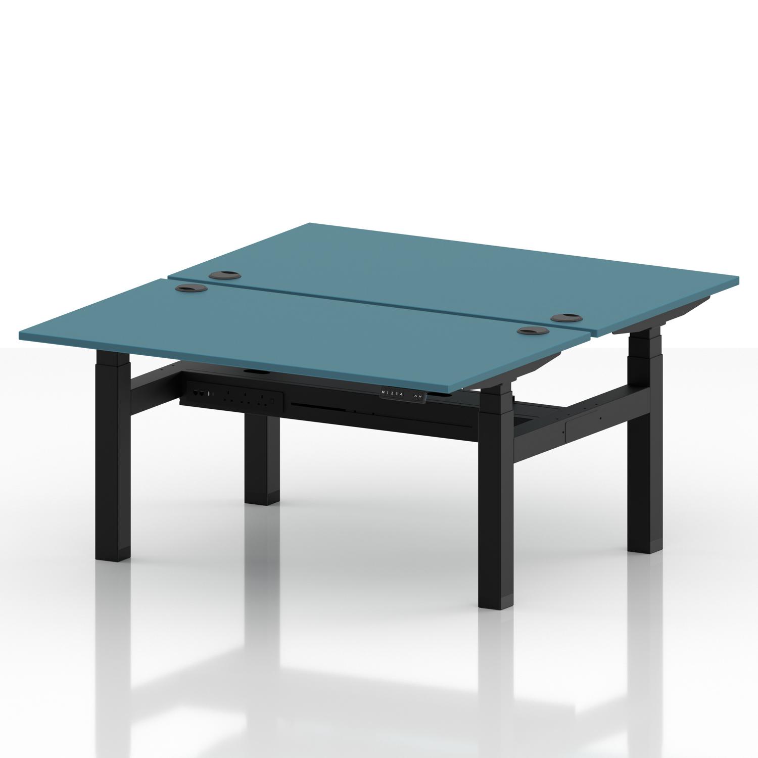 Air Back-to-Back 1400 x 800mm Height Adjustable 2 Person Office Bench Desk Dark Teal Top with Cable Ports Black Frame Air Back-to-Back 1400 x 800mm Height Adjustable 2 Person Office Bench Desk Dark Teal Top with Cable Ports Black Frame