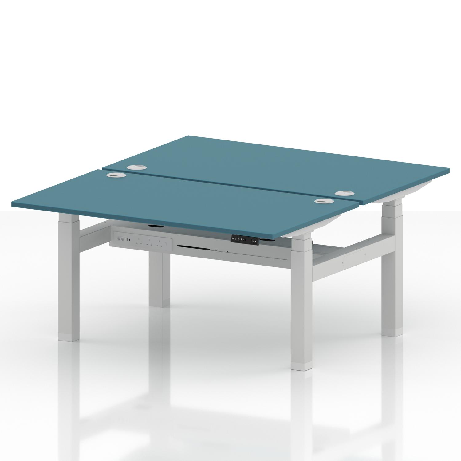 Air Back-to-Back 1400 x 800mm Height Adjustable 2 Person Office Bench Desk Dark Teal Top with Cable Ports White Frame Air Back-to-Back 1400 x 800mm Height Adjustable 2 Person Office Bench Desk Dark Teal Top with Cable Ports White Frame