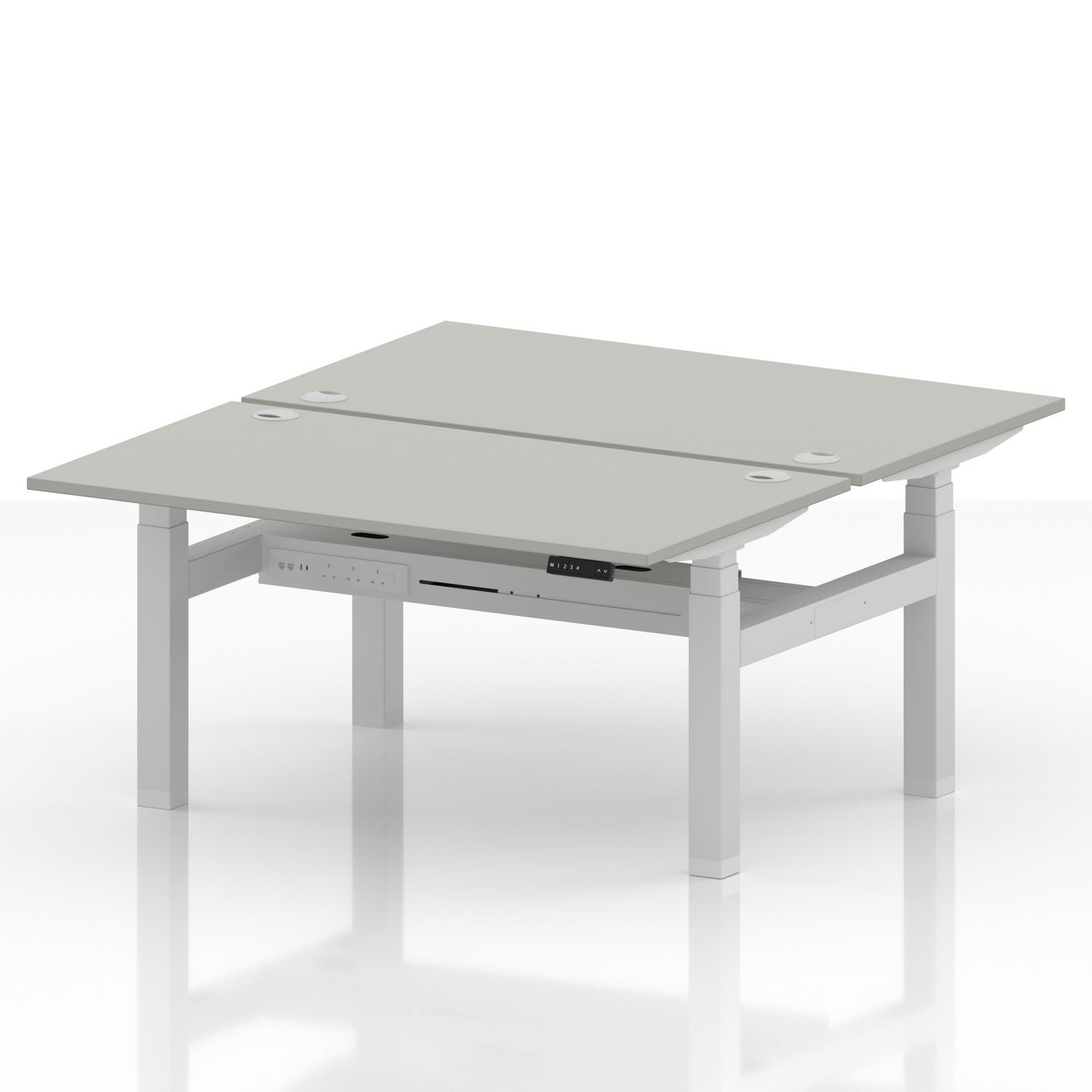 Air Back-to-Back 1400 x 800mm Height Adjustable 2 Person Office Bench Desk Dove Grey Top with Cable Ports White Frame Air Back-to-Back 1400 x 800mm Height Adjustable 2 Person Office Bench Desk Dove Grey Top with Cable Ports White Frame
