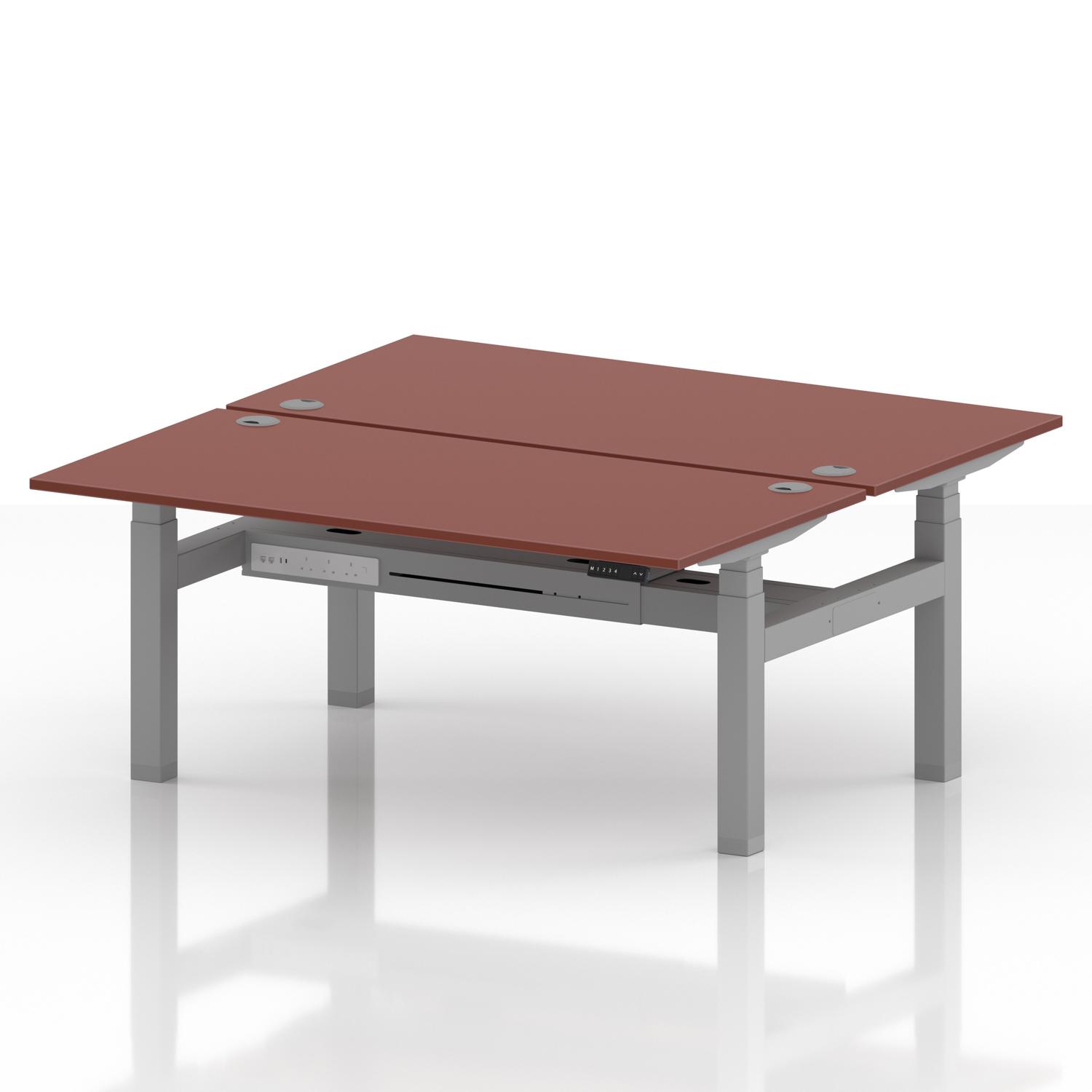 Air Back-to-Back 1600 x 800mm Height Adjustable 2 Person Office Bench Desk Brick Red Top with Cable Ports Silver Frame Air Back-to-Back 1600 x 800mm Height Adjustable 2 Person Office Bench Desk Brick Red Top with Cable Ports Silver Frame
