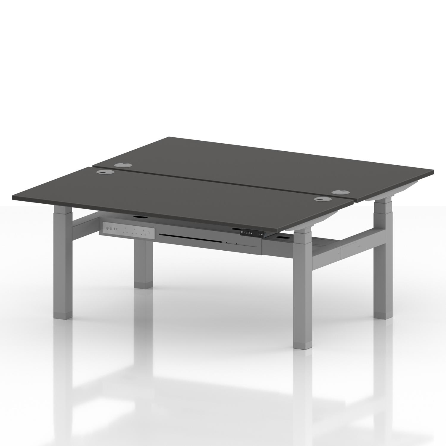 Air Back-to-Back 1600 x 800mm Height Adjustable 2 Person Office Bench Desk Carbon Grey Top with Cable Ports Silver Frame Air Back-to-Back 1600 x 800mm Height Adjustable 2 Person Office Bench Desk Carbon Grey Top with Cable Ports Silver Frame