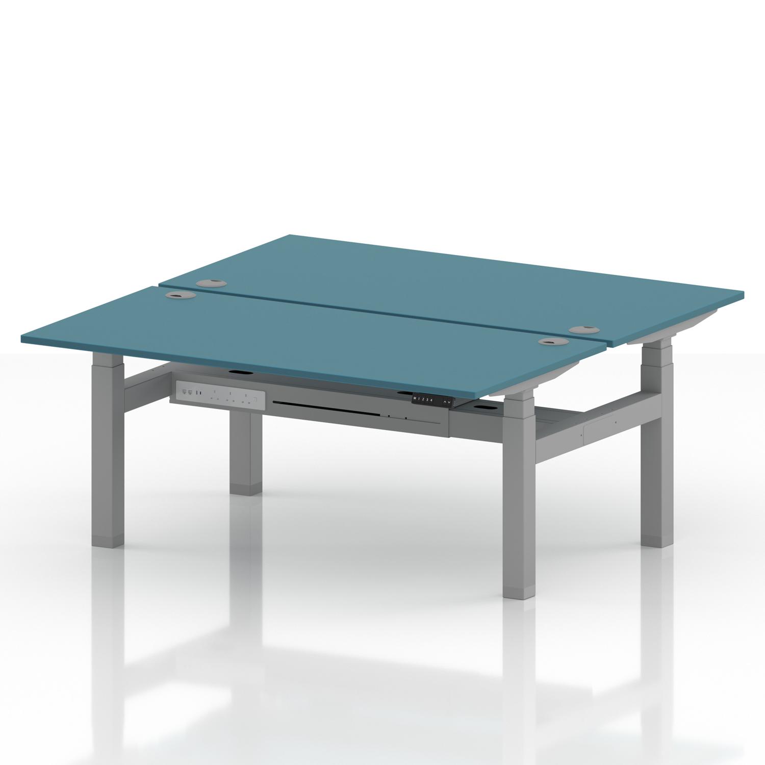 Air Back-to-Back 1600 x 800mm Height Adjustable 2 Person Office Bench Desk Dark Teal Top with Cable Ports Silver Frame Air Back-to-Back 1600 x 800mm Height Adjustable 2 Person Office Bench Desk Dark Teal Top with Cable Ports Silver Frame