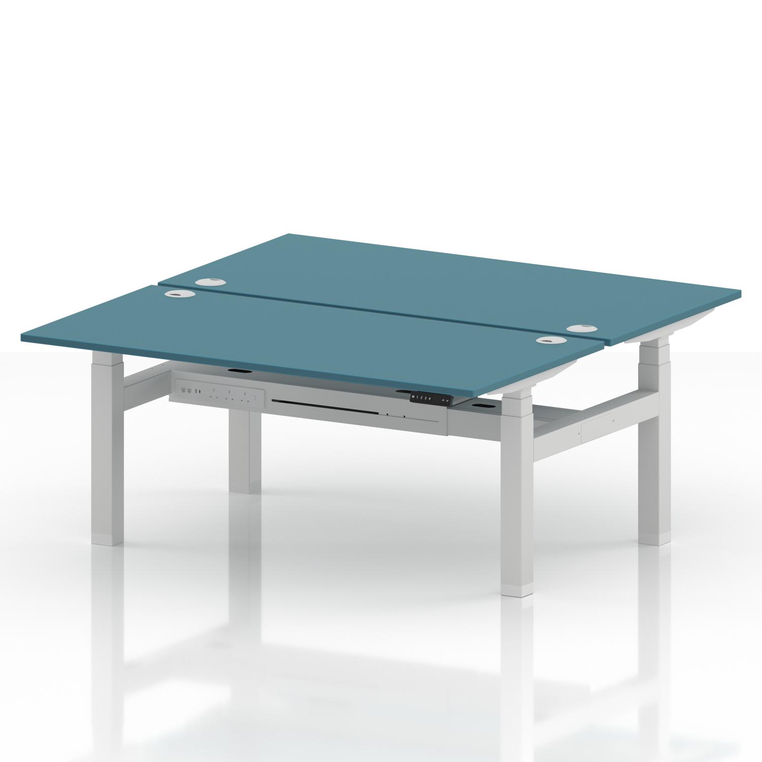 Air Back-to-Back 1600 x 800mm Height Adjustable 2 Person Office Bench Desk Dark Teal Top with Cable Ports White Frame Air Back-to-Back 1600 x 800mm Height Adjustable 2 Person Office Bench Desk Dark Teal Top with Cable Ports White Frame