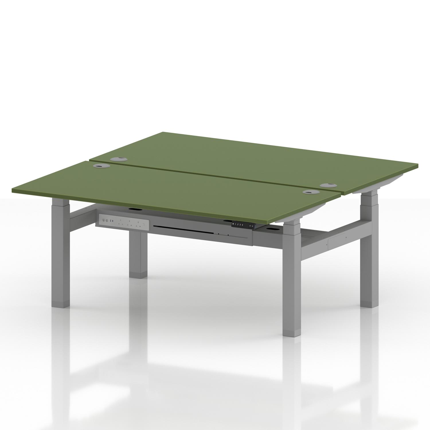 Air Back-to-Back 1600 x 800mm Height Adjustable 2 Person Office Bench Desk Moss Green Top with Cable Ports Silver Frame