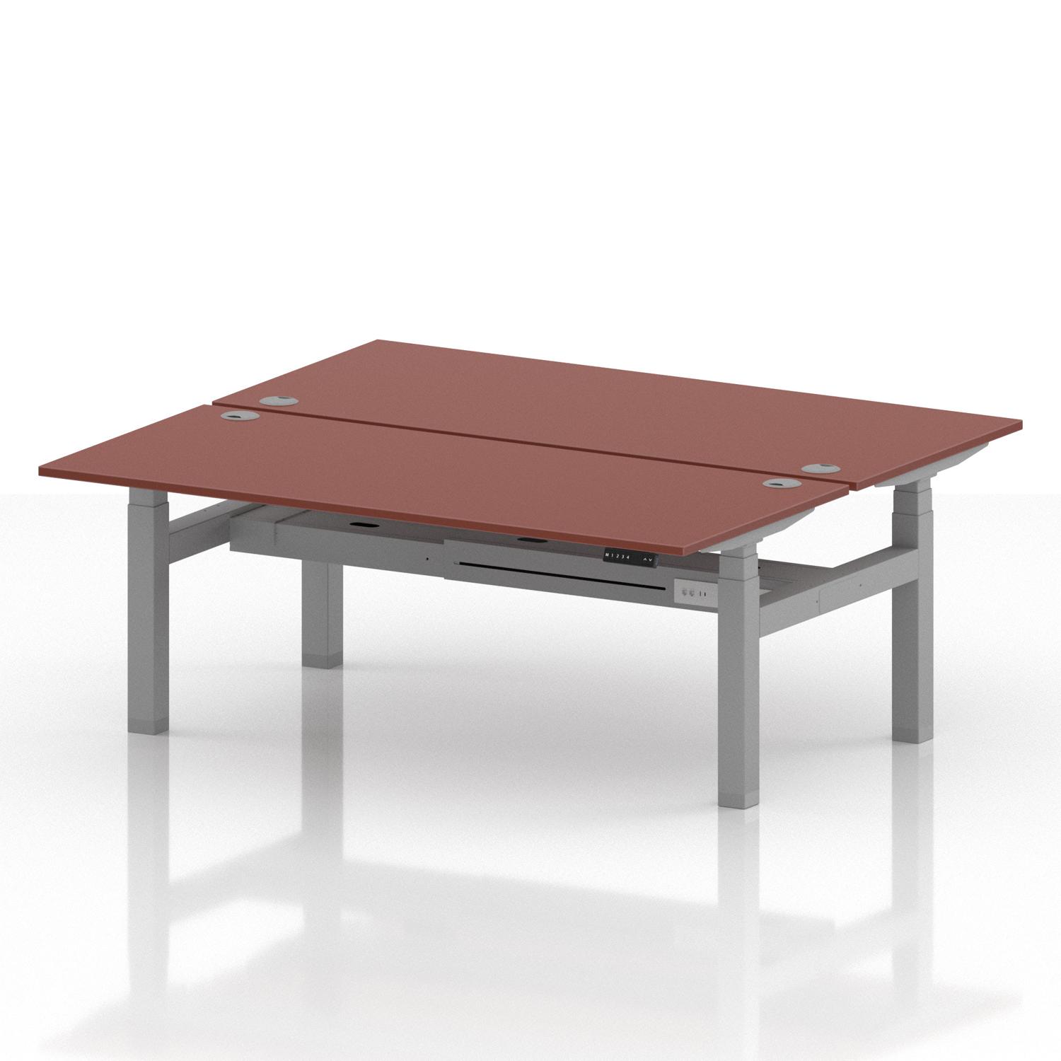 Air Back-to-Back 1800 x 800mm Height Adjustable 2 Person Office Bench Desk Brick Red Top with Cable Ports Silver Frame Air Back-to-Back 1800 x 800mm Height Adjustable 2 Person Office Bench Desk Brick Red Top with Cable Ports Silver Frame