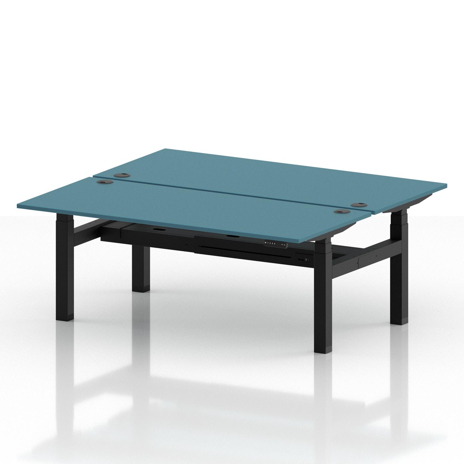 Air Back-to-Back 1800 x 800mm Height Adjustable 2 Person Office Bench Desk Dark Teal Top with Cable Ports Black Frame Air Back-to-Back 1800 x 800mm Height Adjustable 2 Person Office Bench Desk Dark Teal Top with Cable Ports Black Frame