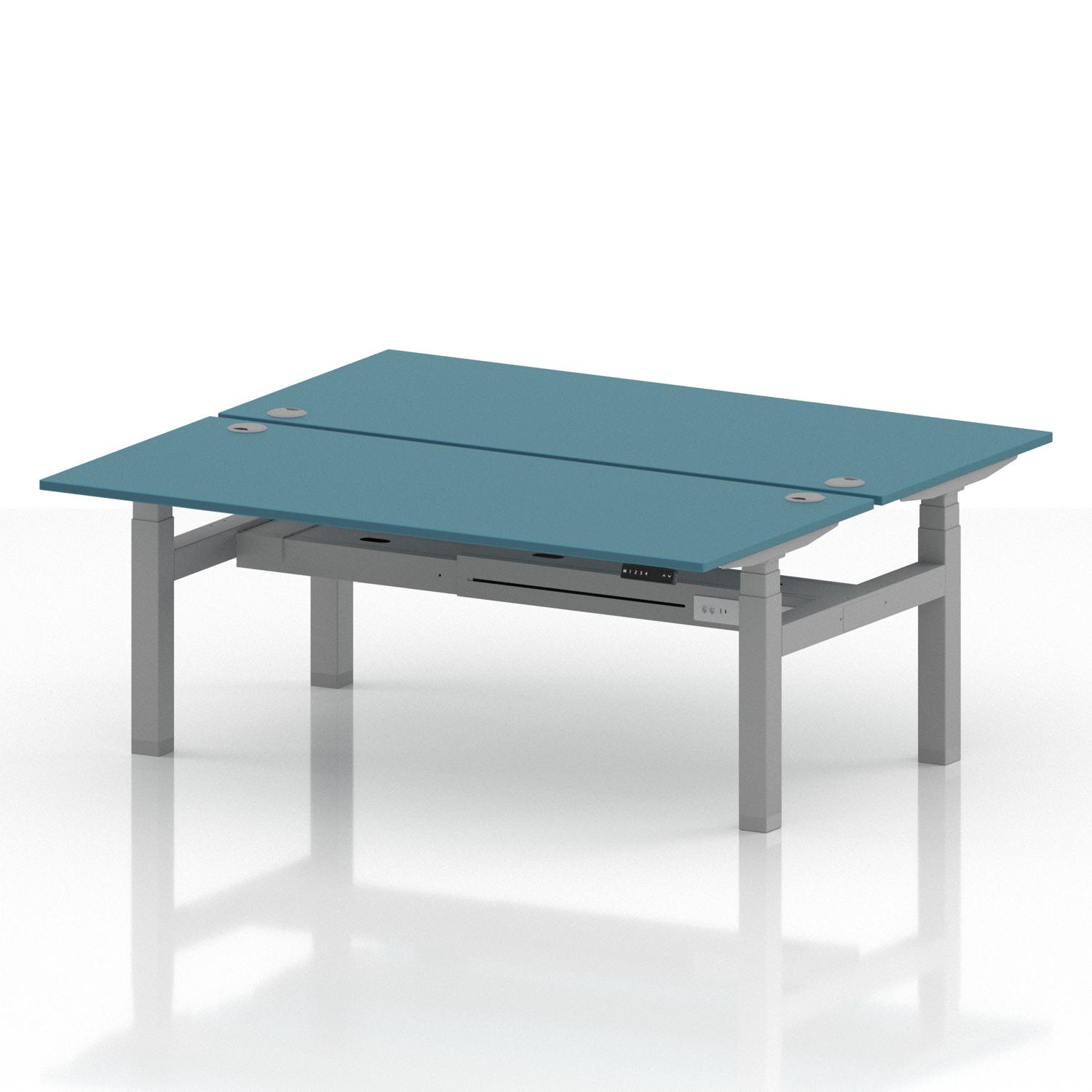 Air Back-to-Back 1800 x 800mm Height Adjustable 2 Person Office Bench Desk Dark Teal Top with Cable Ports Silver Frame Air Back-to-Back 1800 x 800mm Height Adjustable 2 Person Office Bench Desk Dark Teal Top with Cable Ports Silver Frame