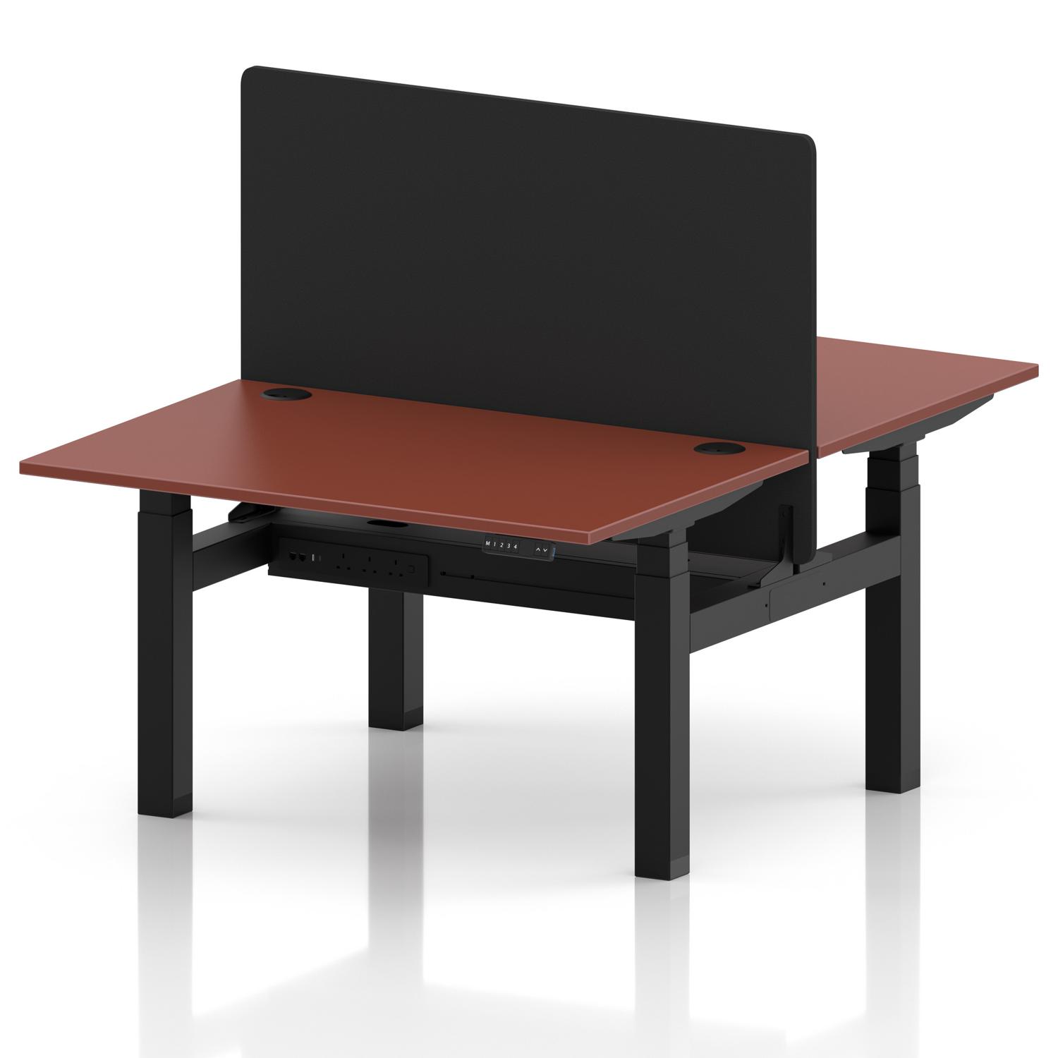 Air Back-to-Back 1200 x 800mm Height Adjustable 2 Person Office Bench Desk Brick Red Top with Cable Ports Black Frame with Black Straight Screen Air Back-to-Back 1200 x 800mm Height Adjustable 2 Person Office Bench Desk Brick Red Top with Cable Ports Black Frame with Black Straight Screen