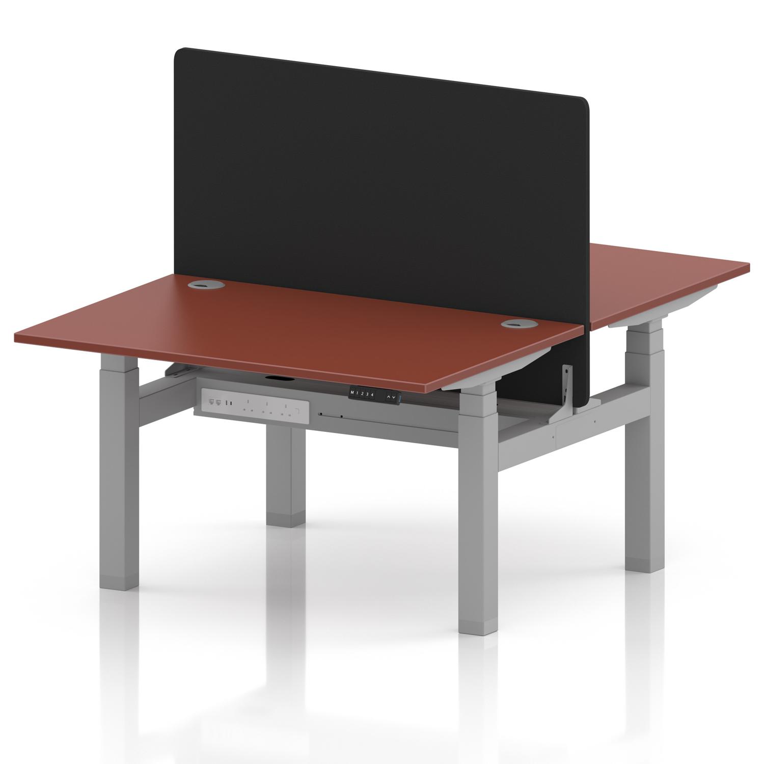 Air Back-to-Back 1200 x 800mm Height Adjustable 2 Person Office Bench Desk Brick Red Top with Cable Ports Silver Frame with Black Straight Screen Air Back-to-Back 1200 x 800mm Height Adjustable 2 Person Office Bench Desk Brick Red Top with Cable Ports Silver Frame with Black Straight Screen