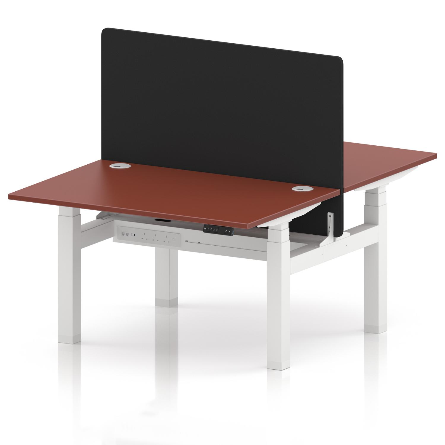 Air Back-to-Back 1200 x 800mm Height Adjustable 2 Person Office Bench Desk Brick Red Top with Cable Ports White Frame with Black Straight Screen Air Back-to-Back 1200 x 800mm Height Adjustable 2 Person Office Bench Desk Brick Red Top with Cable Ports White Frame with Black Straight Screen