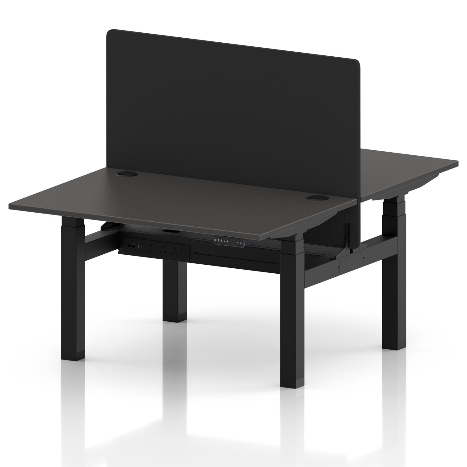 Air Back-to-Back 1200 x 800mm Height Adjustable 2 Person Office Bench Desk Carbon Grey Top with Cable Ports Black Frame with Black Straight Screen Air Back-to-Back 1200 x 800mm Height Adjustable 2 Person Office Bench Desk Carbon Grey Top with Cable Ports Black Frame with Black Straight Screen