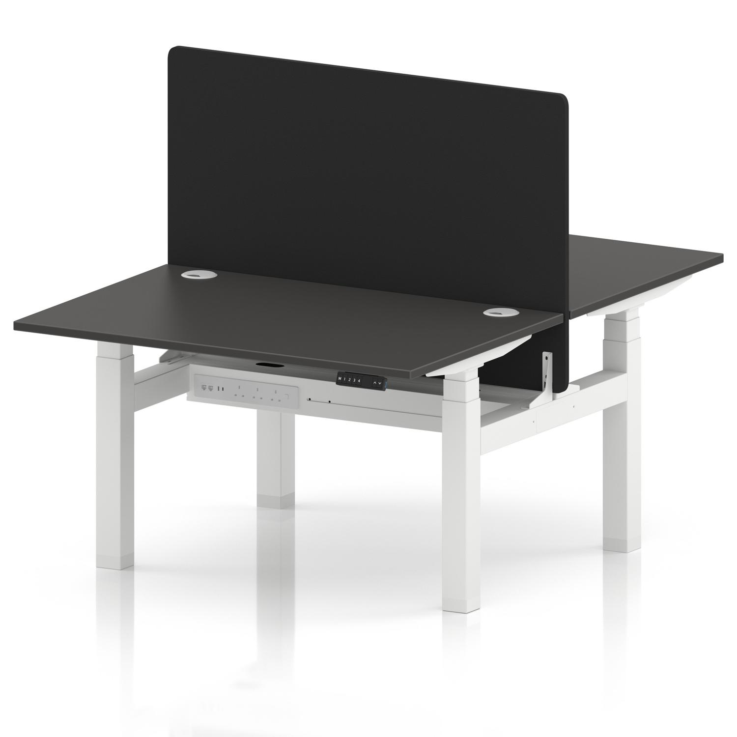 Air Back-to-Back 1200 x 800mm Height Adjustable 2 Person Office Bench Desk Carbon Grey Top with Cable Ports White Frame with Black Straight Screen Air Back-to-Back 1200 x 800mm Height Adjustable 2 Person Office Bench Desk Carbon Grey Top with Cable Ports White Frame with Black Straight Screen