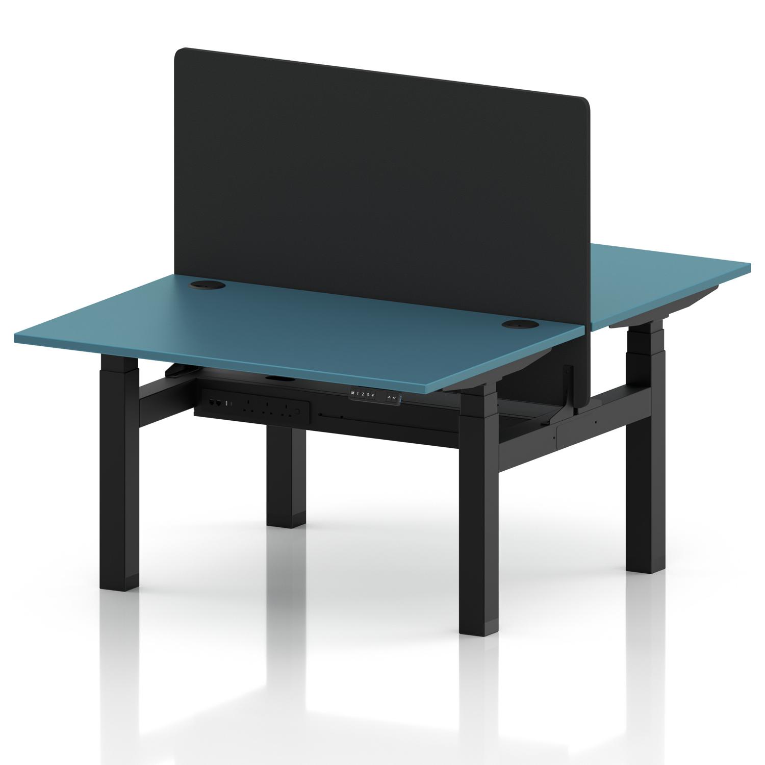 Air Back-to-Back 1200 x 800mm Height Adjustable 2 Person Office Bench Desk Dark Teal Top with Cable Ports Black Frame with Black Straight Screen Air Back-to-Back 1200 x 800mm Height Adjustable 2 Person Office Bench Desk Dark Teal Top with Cable Ports Black Frame with Black Straight Screen