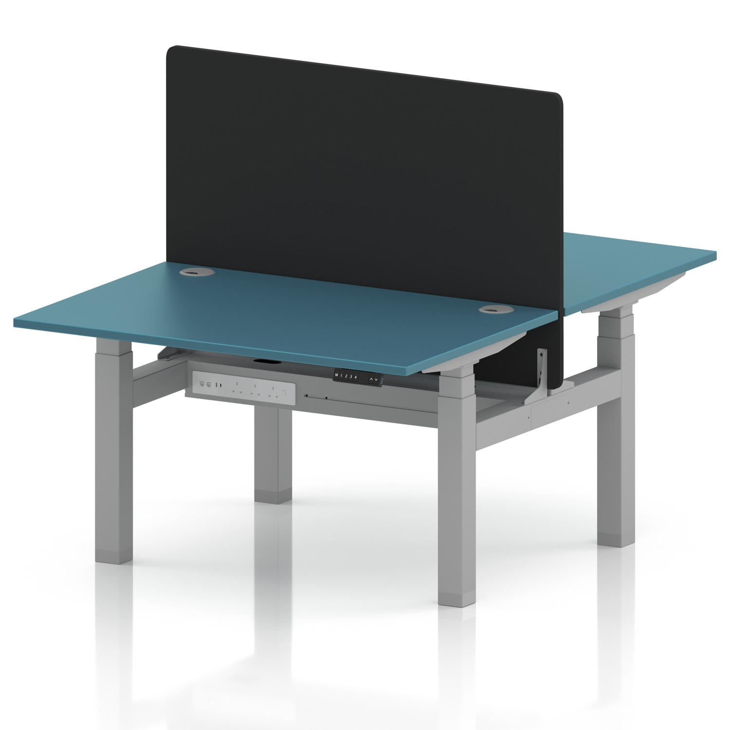 Air Back-to-Back 1200 x 800mm Height Adjustable 2 Person Office Bench Desk Dark Teal Top with Cable Ports Silver Frame with Black Straight Screen Air Back-to-Back 1200 x 800mm Height Adjustable 2 Person Office Bench Desk Dark Teal Top with Cable Ports Silver Frame with Black Straight Screen