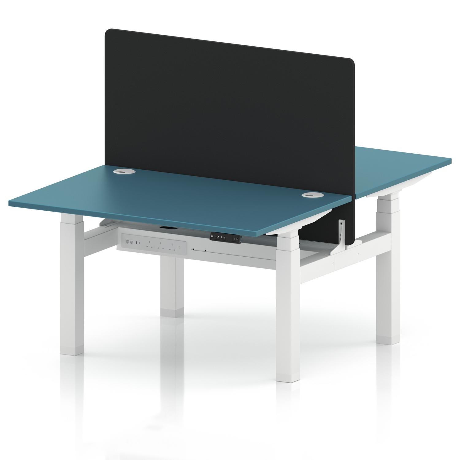 Air Back-to-Back 1200 x 800mm Height Adjustable 2 Person Office Bench Desk Dark Teal Top with Cable Ports White Frame with Black Straight Screen Air Back-to-Back 1200 x 800mm Height Adjustable 2 Person Office Bench Desk Dark Teal Top with Cable Ports White Frame with Black Straight Screen