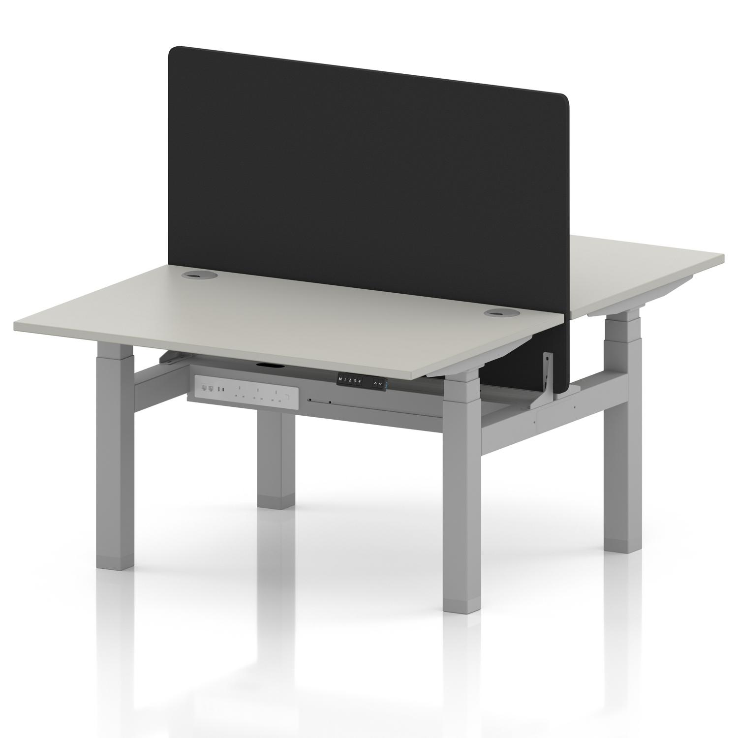 Air Back-to-Back 1200 x 800mm Height Adjustable 2 Person Office Bench Desk Dove Grey Top with Cable Ports Silver Frame with Black Straight Screen Air Back-to-Back 1200 x 800mm Height Adjustable 2 Person Office Bench Desk Dove Grey Top with Cable Ports Silver Frame with Black Straight Screen