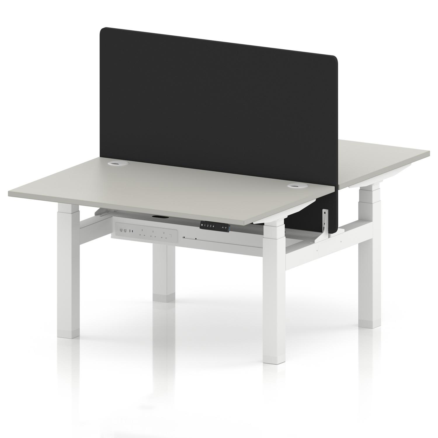 Air Back-to-Back 1200 x 800mm Height Adjustable 2 Person Office Bench Desk Dove Grey Top with Cable Ports White Frame with Black Straight Screen Air Back-to-Back 1200 x 800mm Height Adjustable 2 Person Office Bench Desk Dove Grey Top with Cable Ports White Frame with Black Straight Screen