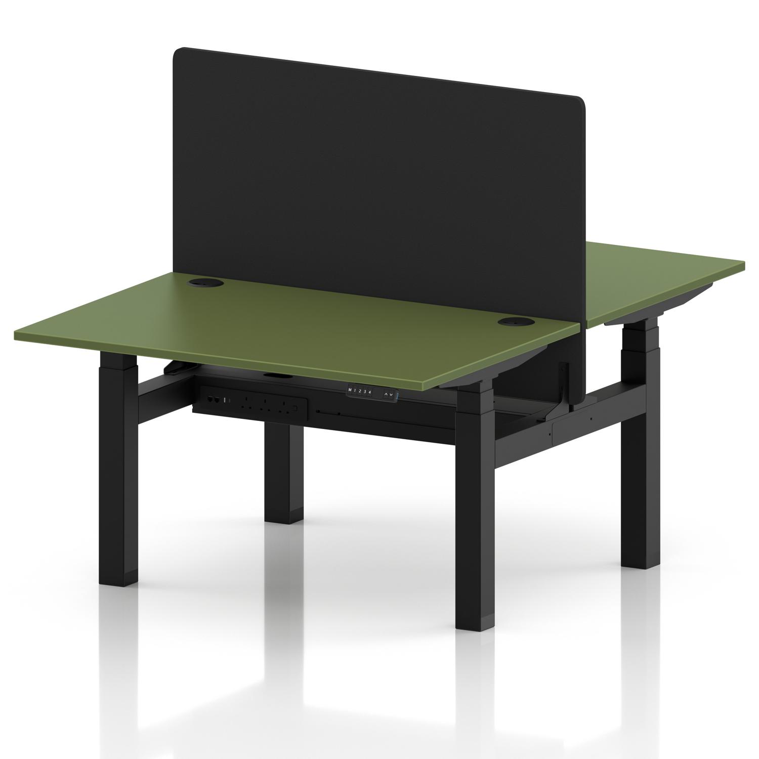 Air Back-to-Back 1200 x 800mm Height Adjustable 2 Person Office Bench Desk Moss Green Top with Cable Ports Black Frame with Black Straight Screen Air Back-to-Back 1200 x 800mm Height Adjustable 2 Person Office Bench Desk Moss Green Top with Cable Ports Black Frame with Black Straight Screen