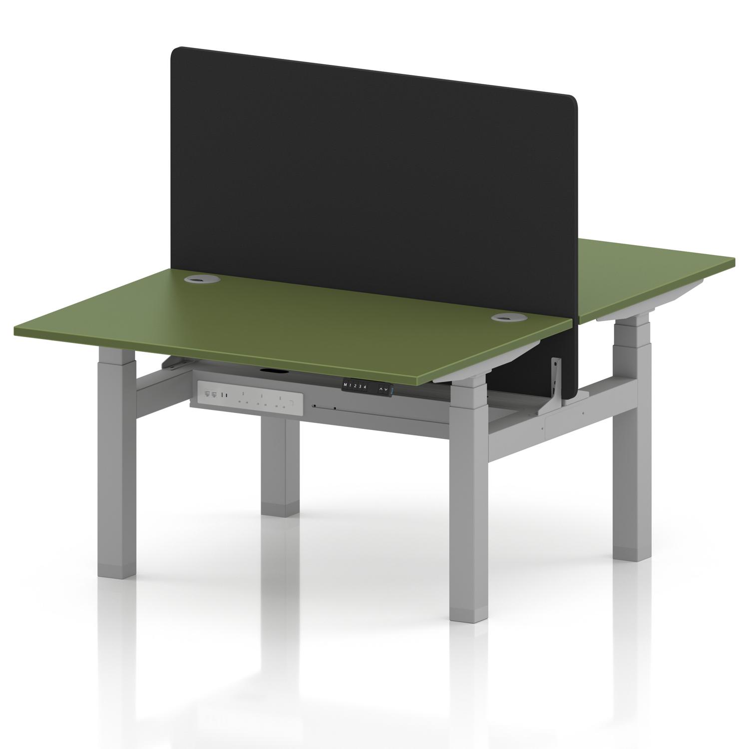 Air Back-to-Back 1200 x 800mm Height Adjustable 2 Person Office Bench Desk Moss Green Top with Cable Ports Silver Frame with Black Straight Screen Air Back-to-Back 1200 x 800mm Height Adjustable 2 Person Office Bench Desk Moss Green Top with Cable Ports Silver Frame with Black Straight Screen