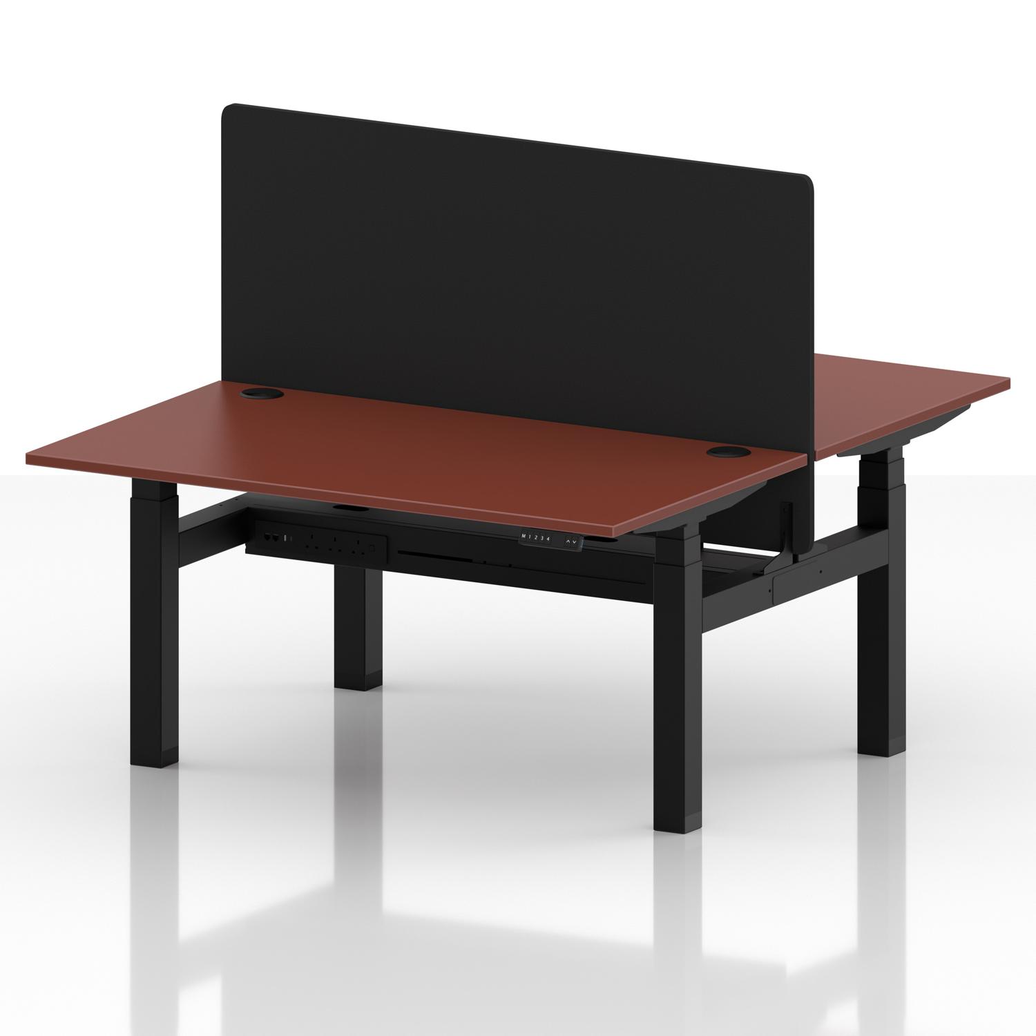 Air Back-to-Back 1400 x 800mm Height Adjustable 2 Person Office Bench Desk Brick Red Top with Cable Ports Black Frame with Black Straight Screen Air Back-to-Back 1400 x 800mm Height Adjustable 2 Person Office Bench Desk Brick Red Top with Cable Ports Black Frame with Black Straight Screen