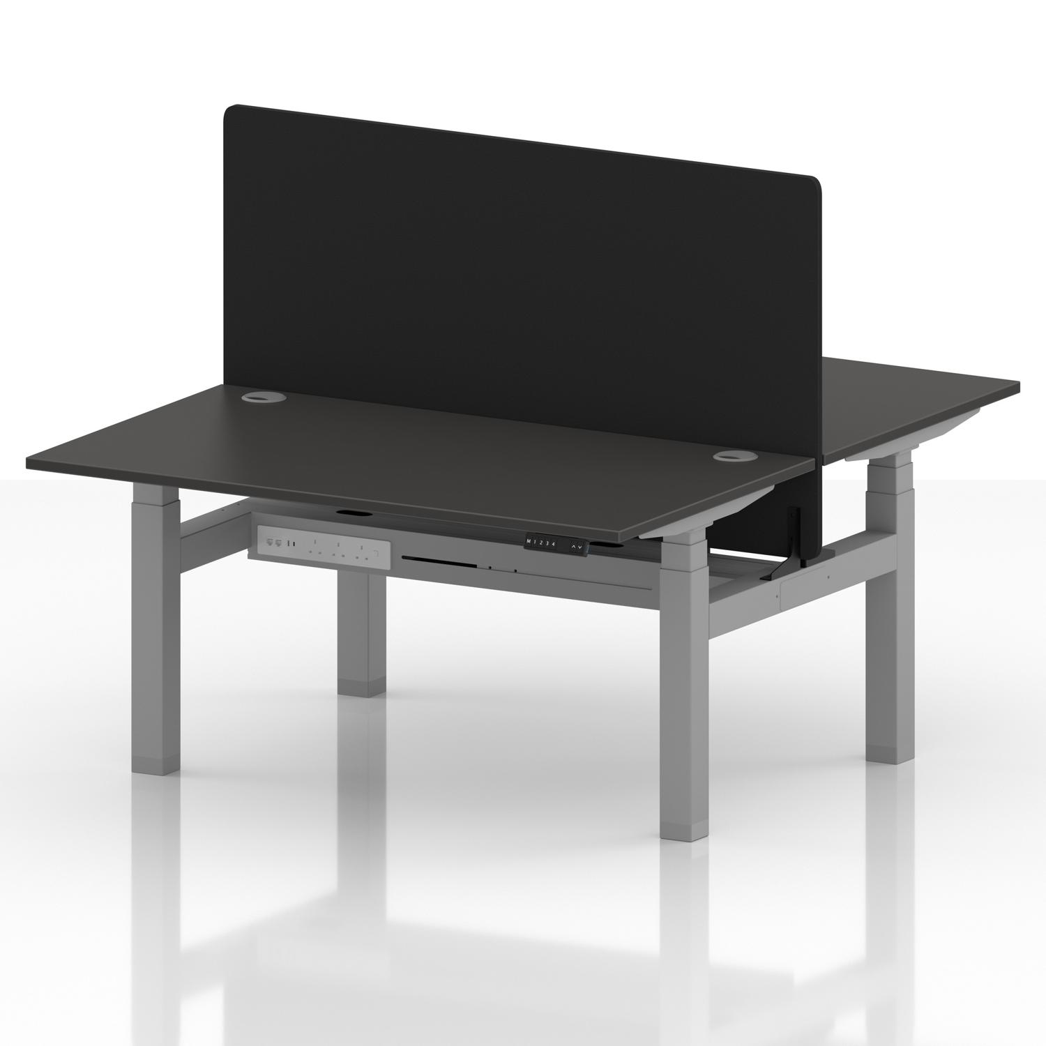 Air Back-to-Back 1400 x 800mm Height Adjustable 2 Person Office Bench Desk Carbon Grey Top with Cable Ports Silver Frame with Black Straight Screen Air Back-to-Back 1400 x 800mm Height Adjustable 2 Person Office Bench Desk Carbon Grey Top with Cable Ports Silver Frame with Black Straight Screen
