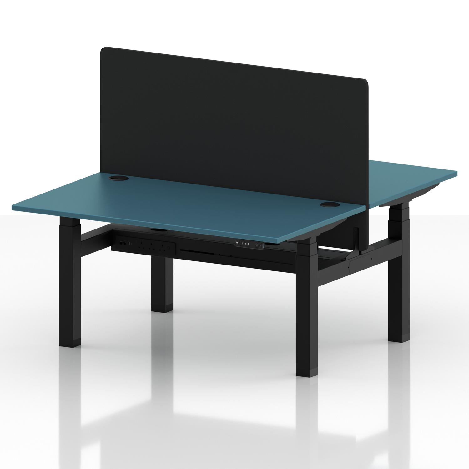 Air Back-to-Back 1400 x 800mm Height Adjustable 2 Person Office Bench Desk Dark Teal Top with Cable Ports Black Frame with Black Straight Screen