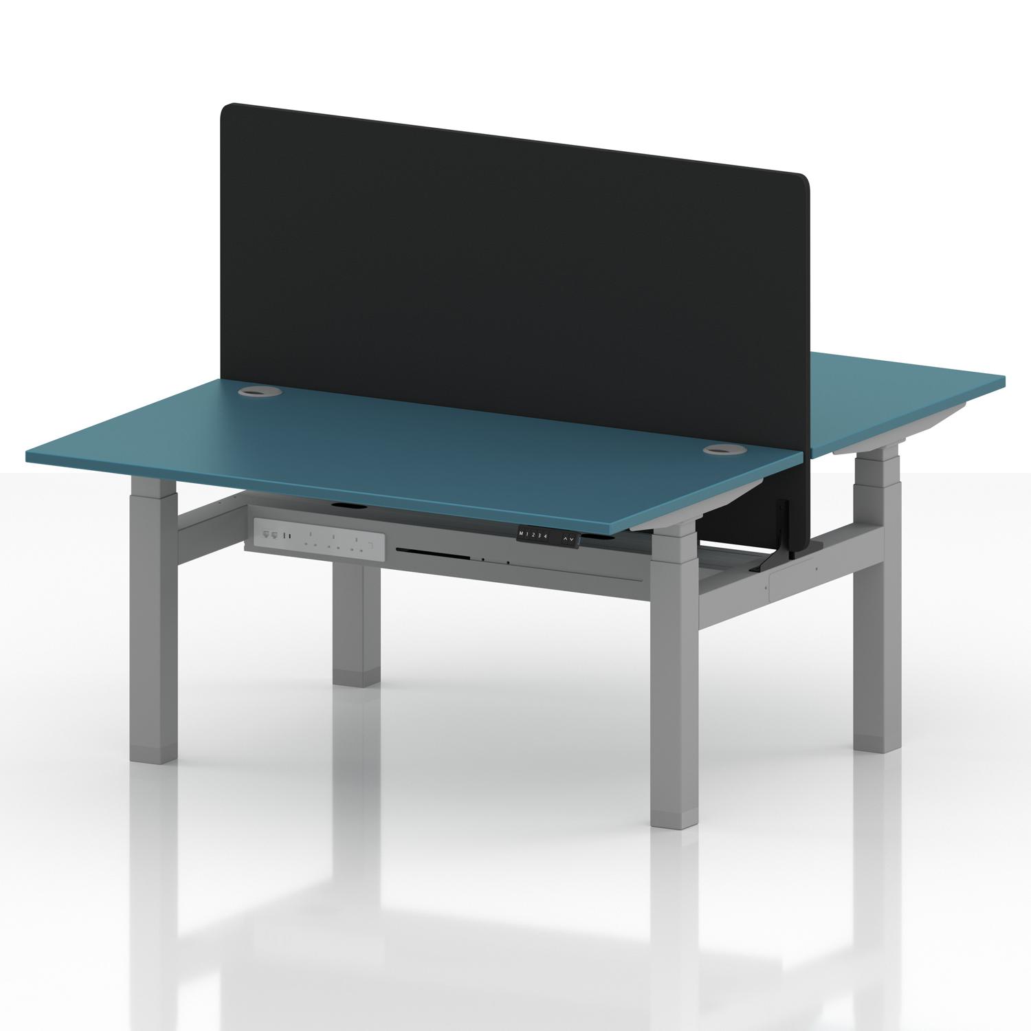 Air Back-to-Back 1400 x 800mm Height Adjustable 2 Person Office Bench Desk Dark Teal Top with Cable Ports Silver Frame with Black Straight Screen