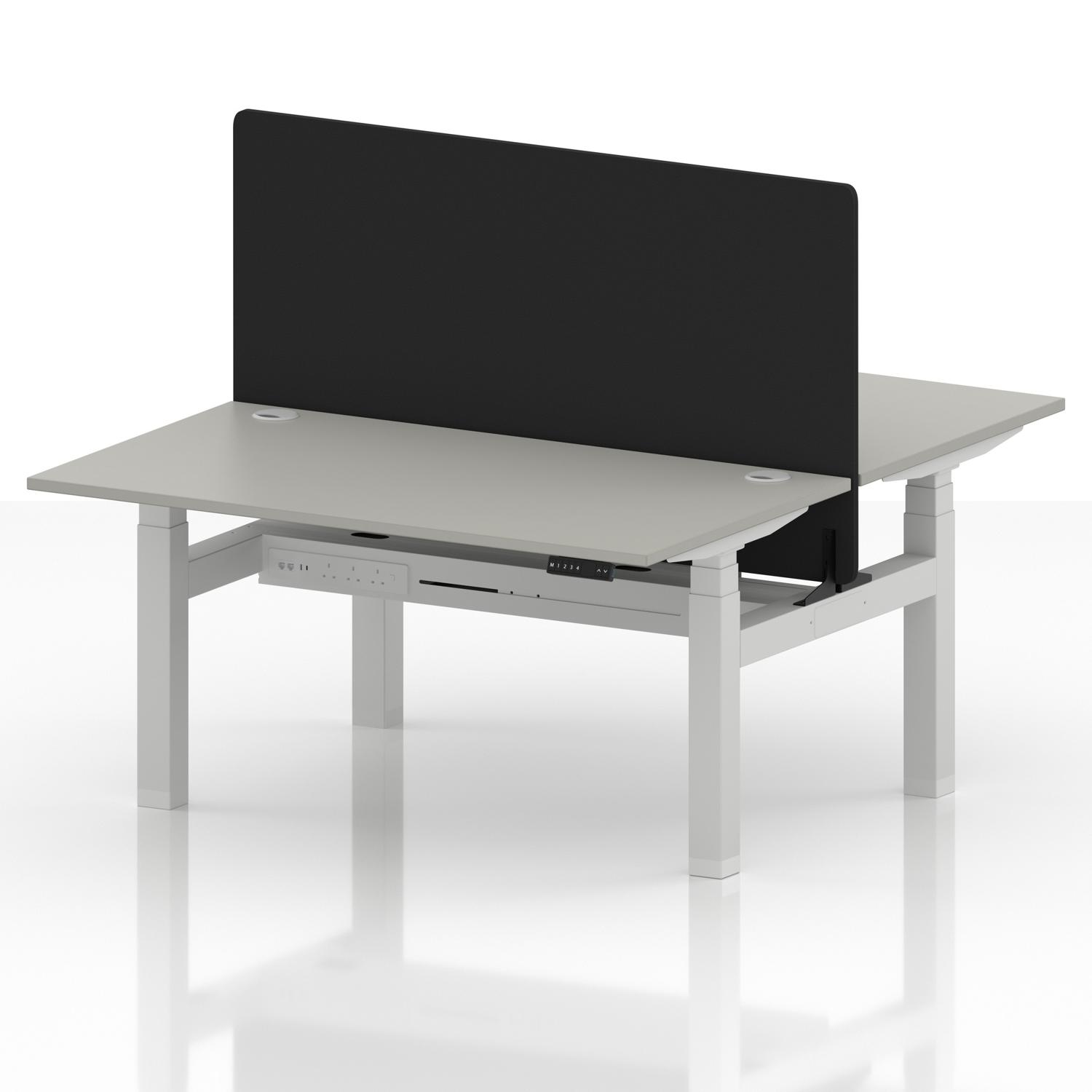 Air Back-to-Back 1400 x 800mm Height Adjustable 2 Person Office Bench Desk Dove Grey Top with Cable Ports White Frame with Black Straight Screen Air Back-to-Back 1400 x 800mm Height Adjustable 2 Person Office Bench Desk Dove Grey Top with Cable Ports White Frame with Black Straight Screen