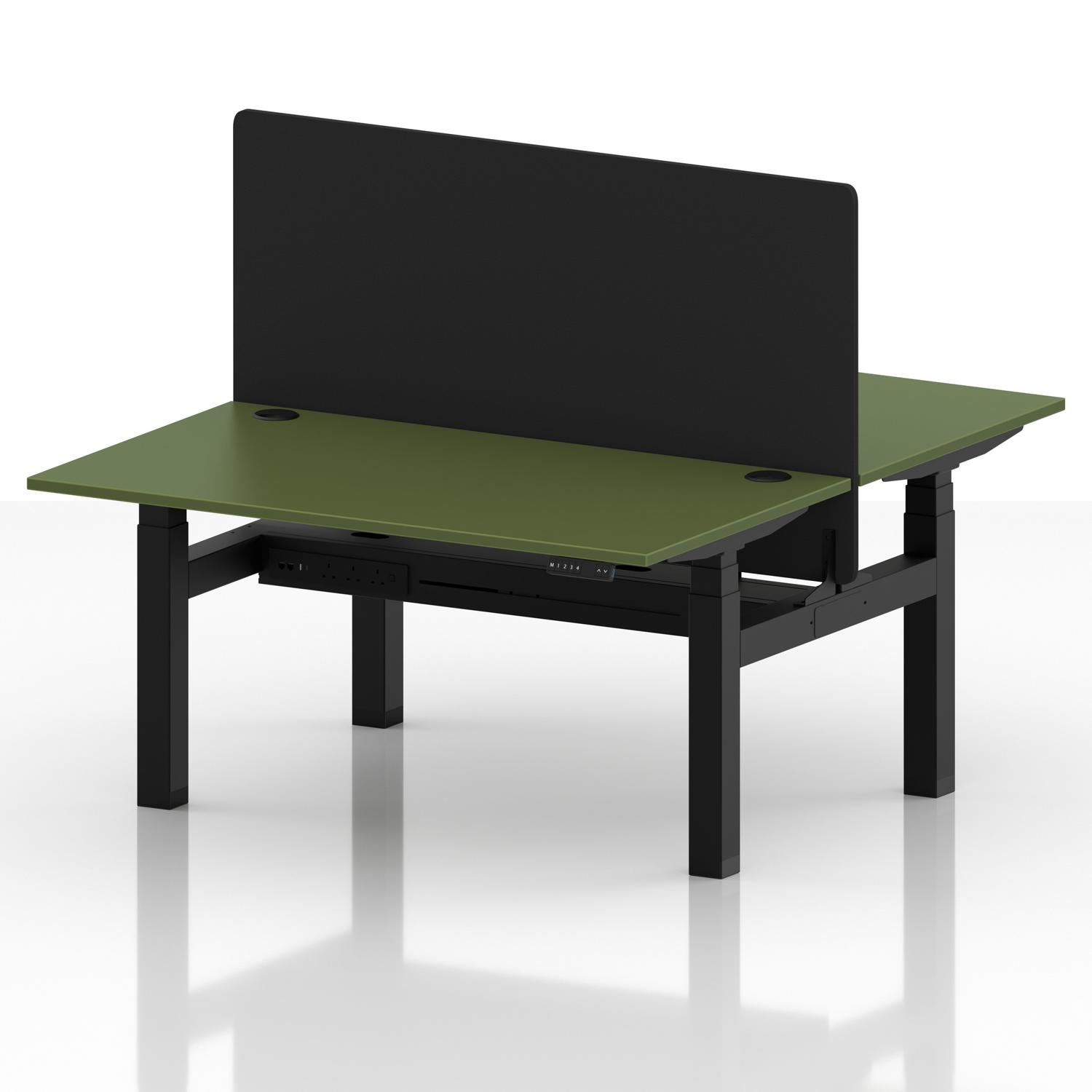 Air Back-to-Back 1400 x 800mm Height Adjustable 2 Person Office Bench Desk Moss Green Top with Cable Ports Black Frame with Black Straight Screen