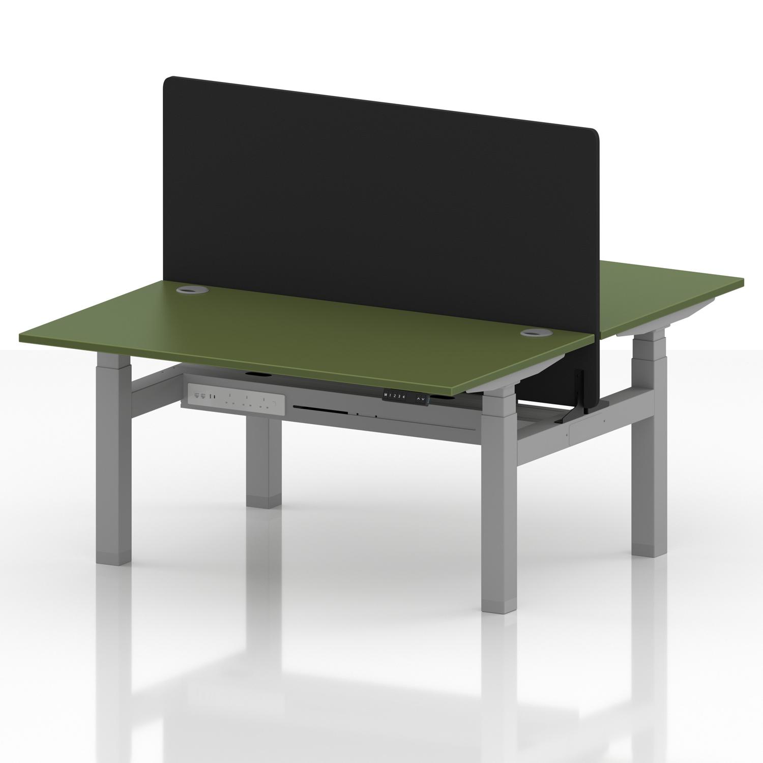 Air Back-to-Back 1400 x 800mm Height Adjustable 2 Person Office Bench Desk Moss Green Top with Cable Ports Silver Frame with Black Straight Screen Air Back-to-Back 1400 x 800mm Height Adjustable 2 Person Office Bench Desk Moss Green Top with Cable Ports Silver Frame with Black Straight Screen