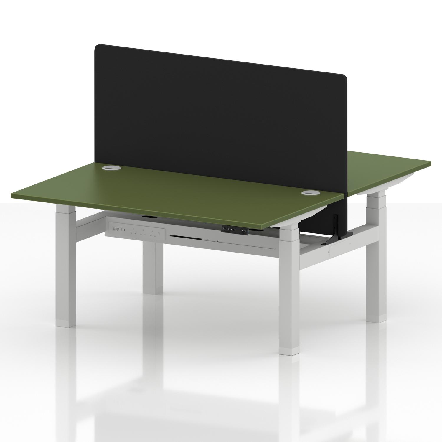 Air Back-to-Back 1400 x 800mm Height Adjustable 2 Person Office Bench Desk Moss Green Top with Cable Ports White Frame with Black Straight Screen Air Back-to-Back 1400 x 800mm Height Adjustable 2 Person Office Bench Desk Moss Green Top with Cable Ports White Frame with Black Straight Screen