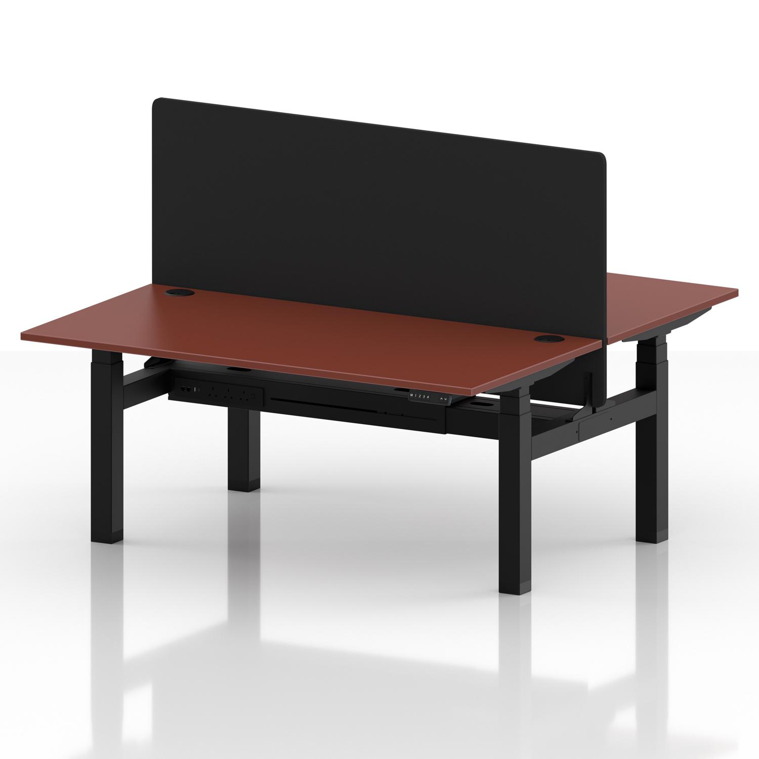 Air Back-to-Back 1600 x 800mm Height Adjustable 2 Person Office Bench Desk Brick Red Top with Cable Ports Black Frame with Black Straight Screen