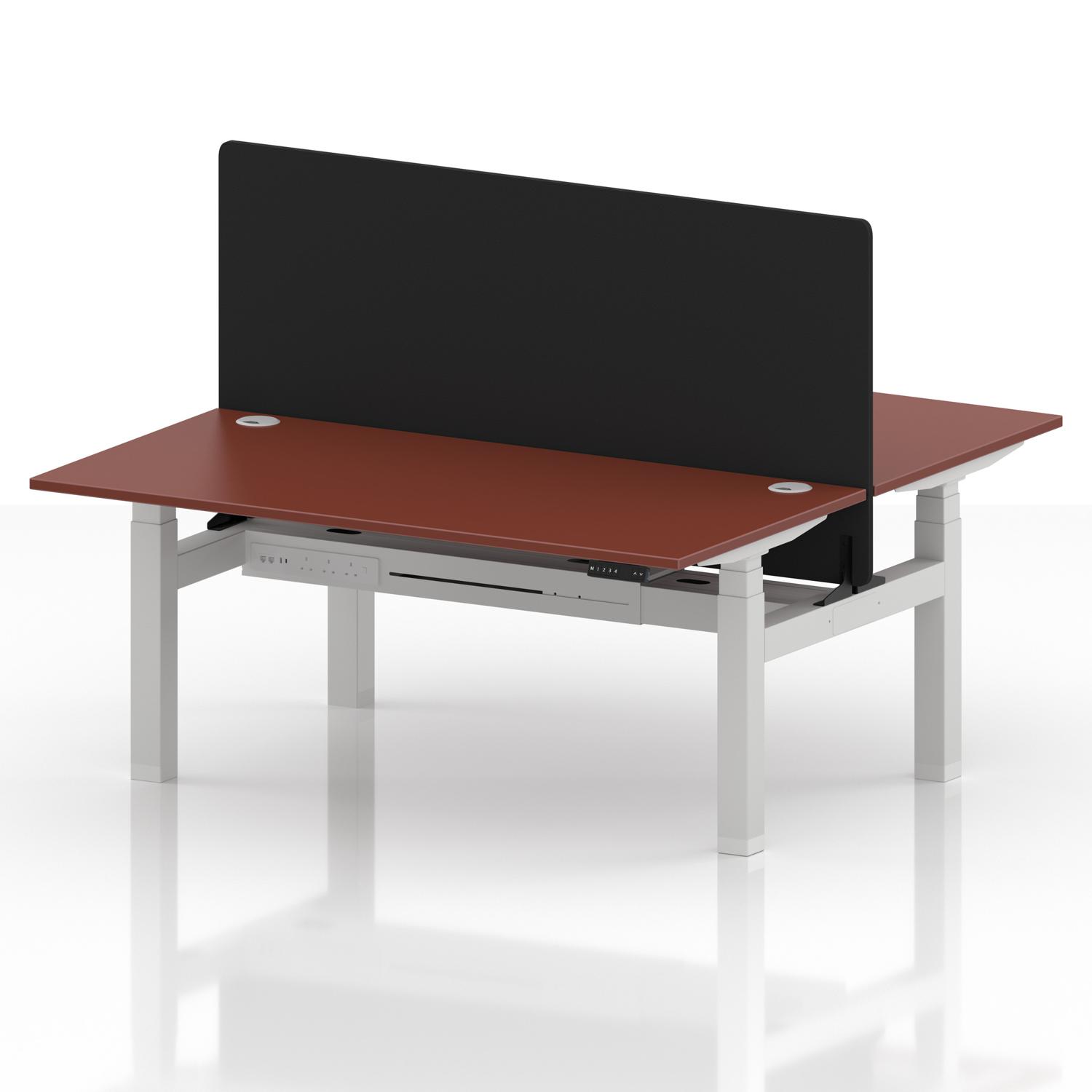 Air Back-to-Back 1600 x 800mm Height Adjustable 2 Person Office Bench Desk Brick Red Top with Cable Ports White Frame with Black Straight Screen Air Back-to-Back 1600 x 800mm Height Adjustable 2 Person Office Bench Desk Brick Red Top with Cable Ports White Frame with Black Straight Screen