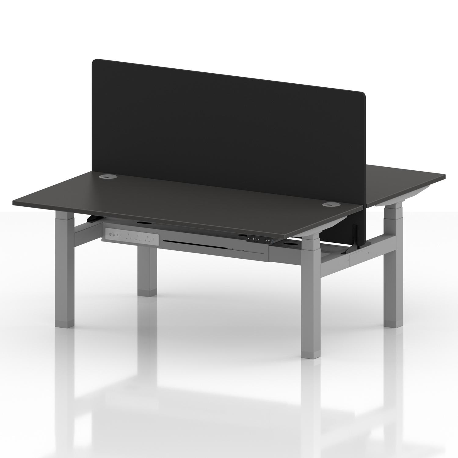 Air Back-to-Back 1600 x 800mm Height Adjustable 2 Person Office Bench Desk Carbon Grey Top with Cable Ports Silver Frame with Black Straight Screen Air Back-to-Back 1600 x 800mm Height Adjustable 2 Person Office Bench Desk Carbon Grey Top with Cable Ports Silver Frame with Black Straight Screen