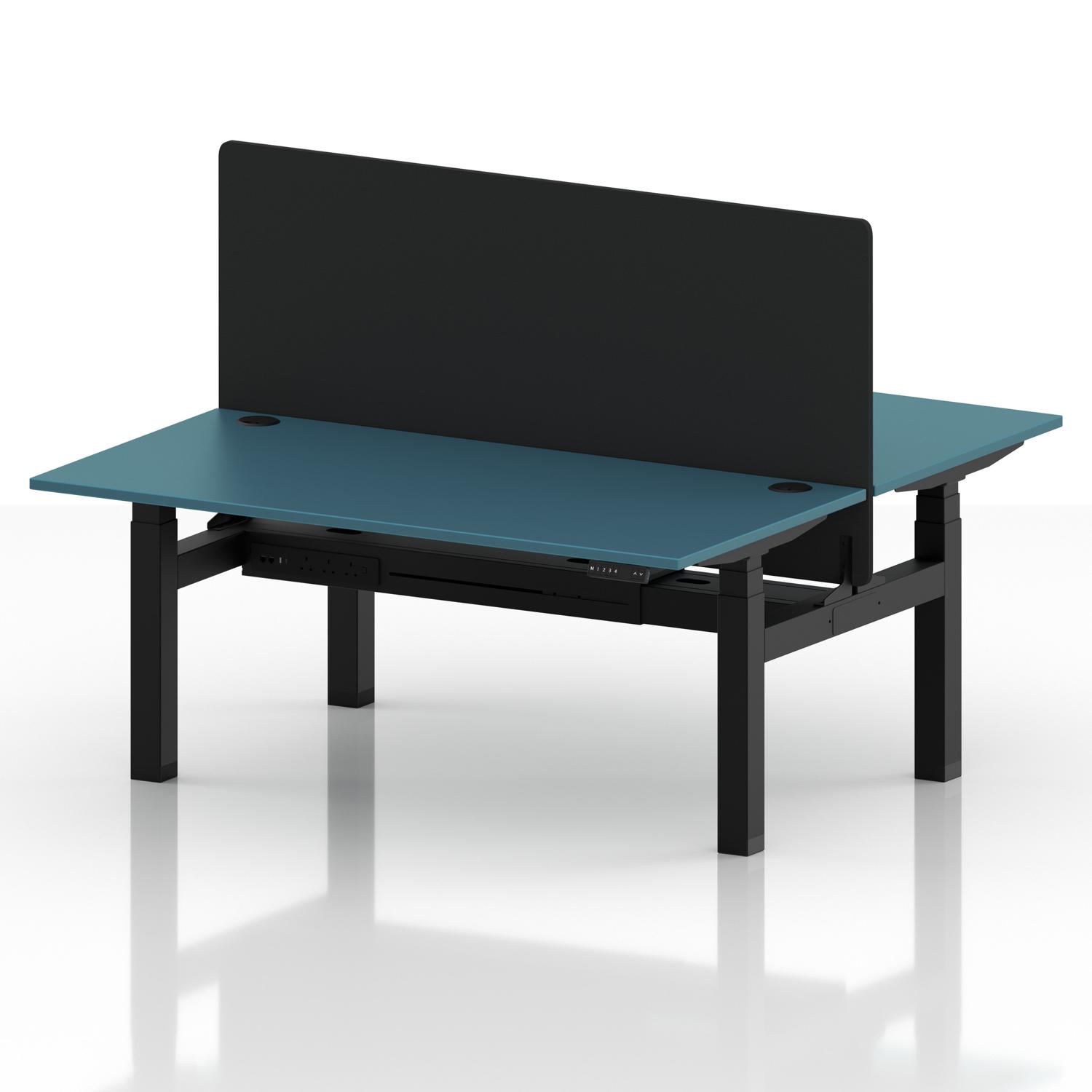 Air Back-to-Back 1600 x 800mm Height Adjustable 2 Person Office Bench Desk Dark Teal Top with Cable Ports Black Frame with Black Straight Screen Air Back-to-Back 1600 x 800mm Height Adjustable 2 Person Office Bench Desk Dark Teal Top with Cable Ports Black Frame with Black Straight Screen