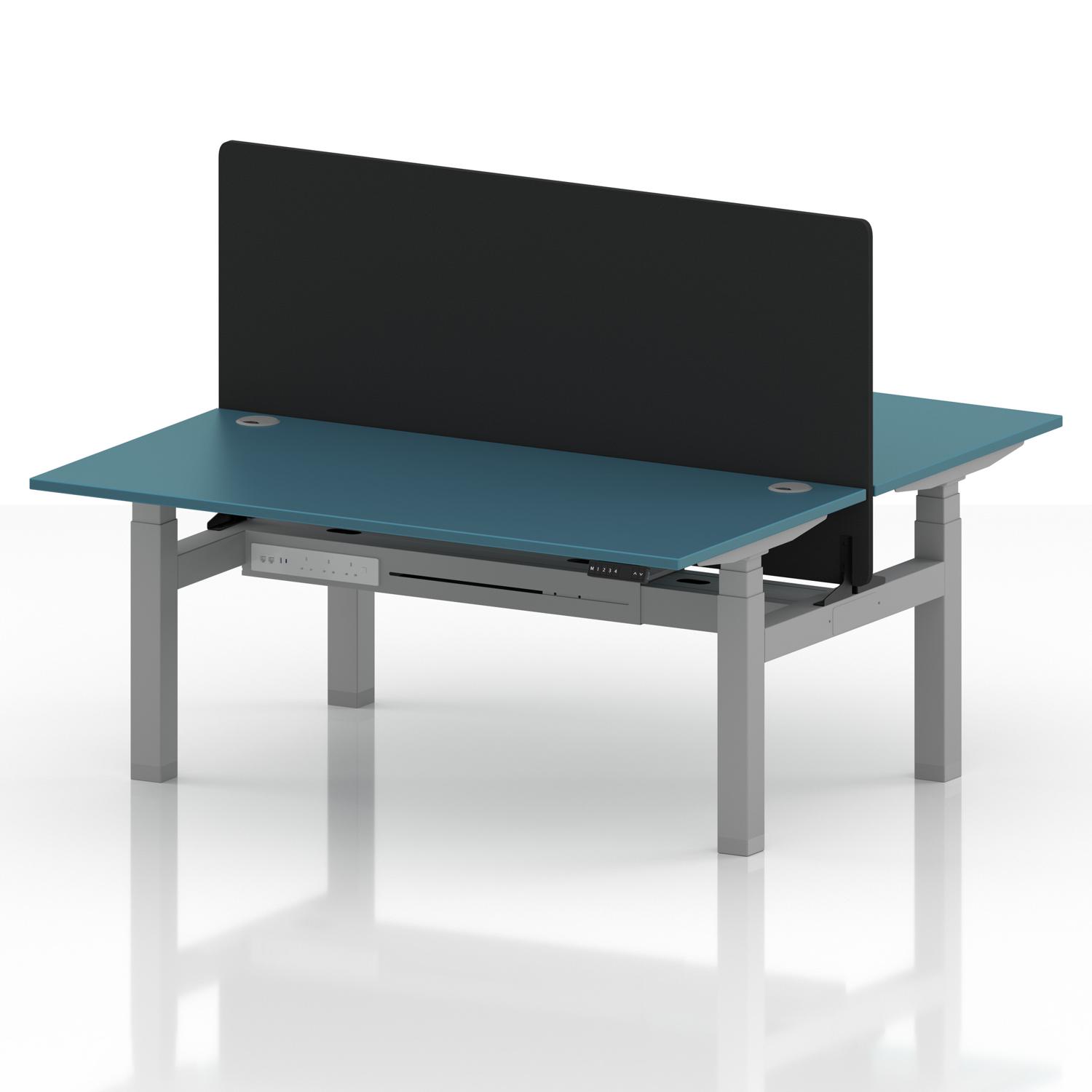 Air Back-to-Back 1600 x 800mm Height Adjustable 2 Person Office Bench Desk Dark Teal Top with Cable Ports Silver Frame with Black Straight Screen Air Back-to-Back 1600 x 800mm Height Adjustable 2 Person Office Bench Desk Dark Teal Top with Cable Ports Silver Frame with Black Straight Screen