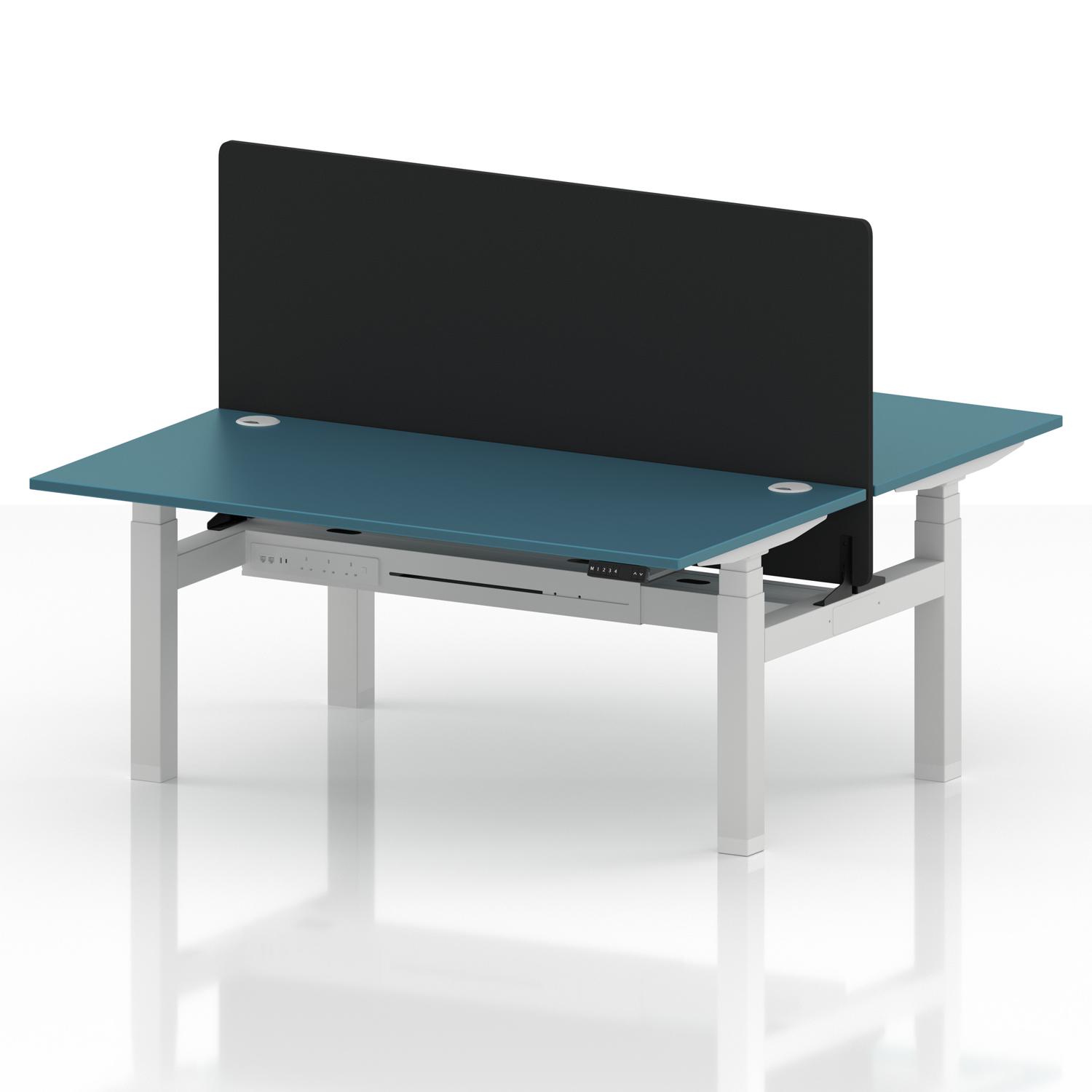 Air Back-to-Back 1600 x 800mm Height Adjustable 2 Person Office Bench Desk Dark Teal Top with Cable Ports White Frame with Black Straight Screen
