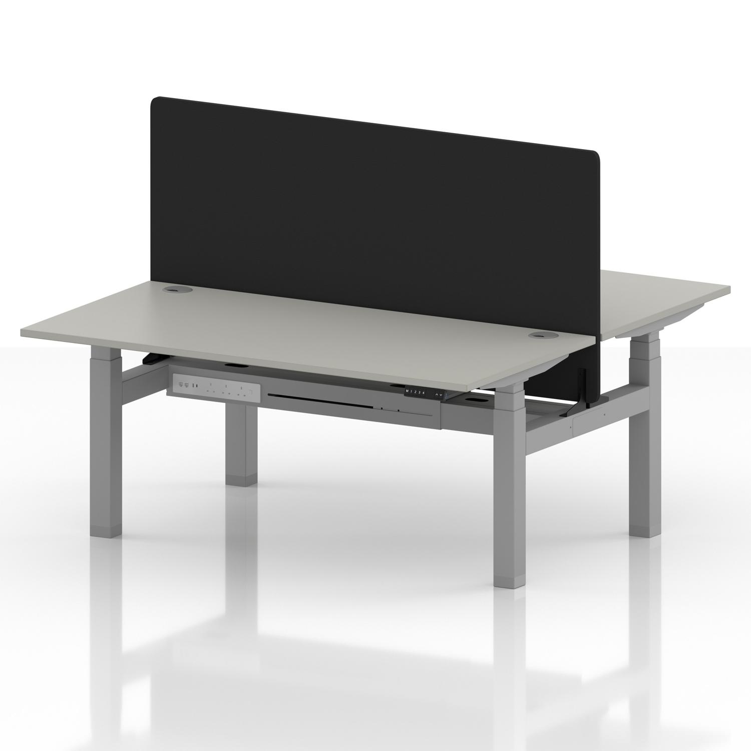 Air Back-to-Back 1600 x 800mm Height Adjustable 2 Person Office Bench Desk Dove Grey Top with Cable Ports Silver Frame with Black Straight Screen Air Back-to-Back 1600 x 800mm Height Adjustable 2 Person Office Bench Desk Dove Grey Top with Cable Ports Silver Frame with Black Straight Screen