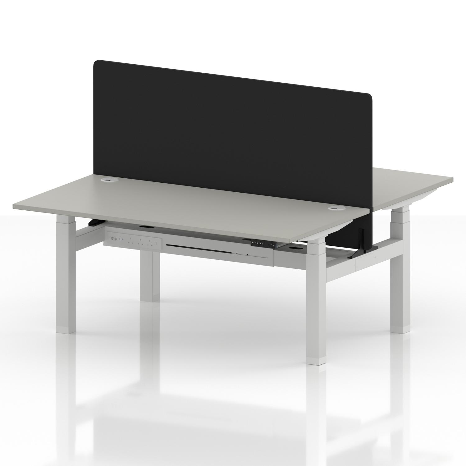 Air Back-to-Back 1600 x 800mm Height Adjustable 2 Person Office Bench Desk Dove Grey Top with Cable Ports White Frame with Black Straight Screen Air Back-to-Back 1600 x 800mm Height Adjustable 2 Person Office Bench Desk Dove Grey Top with Cable Ports White Frame with Black Straight Screen