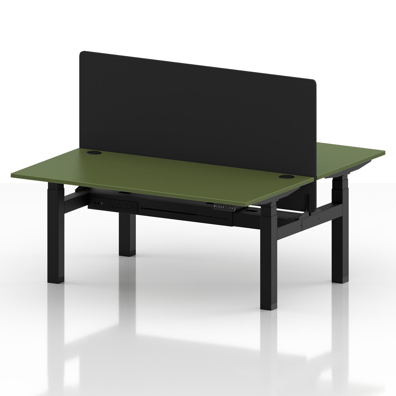 Air Back-to-Back 1600 x 800mm Height Adjustable 2 Person Office Bench Desk Moss Green Top with Cable Ports Black Frame with Black Straight Screen Air Back-to-Back 1600 x 800mm Height Adjustable 2 Person Office Bench Desk Moss Green Top with Cable Ports Black Frame with Black Straight Screen