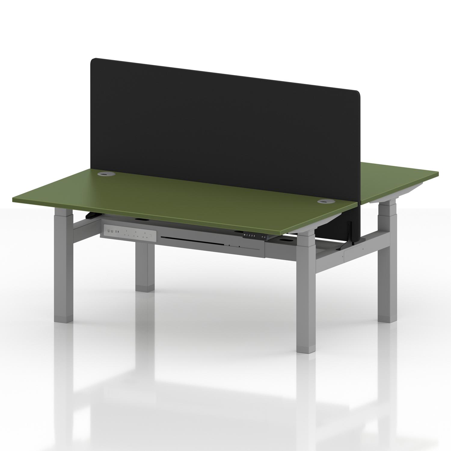 Air Back-to-Back 1600 x 800mm Height Adjustable 2 Person Office Bench Desk Moss Green Top with Cable Ports Silver Frame with Black Straight Screen Air Back-to-Back 1600 x 800mm Height Adjustable 2 Person Office Bench Desk Moss Green Top with Cable Ports Silver Frame with Black Straight Screen