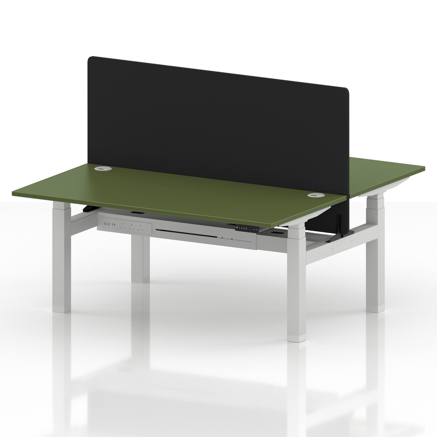 Air Back-to-Back 1600 x 800mm Height Adjustable 2 Person Office Bench Desk Moss Green Top with Cable Ports White Frame with Black Straight Screen Air Back-to-Back 1600 x 800mm Height Adjustable 2 Person Office Bench Desk Moss Green Top with Cable Ports White Frame with Black Straight Screen