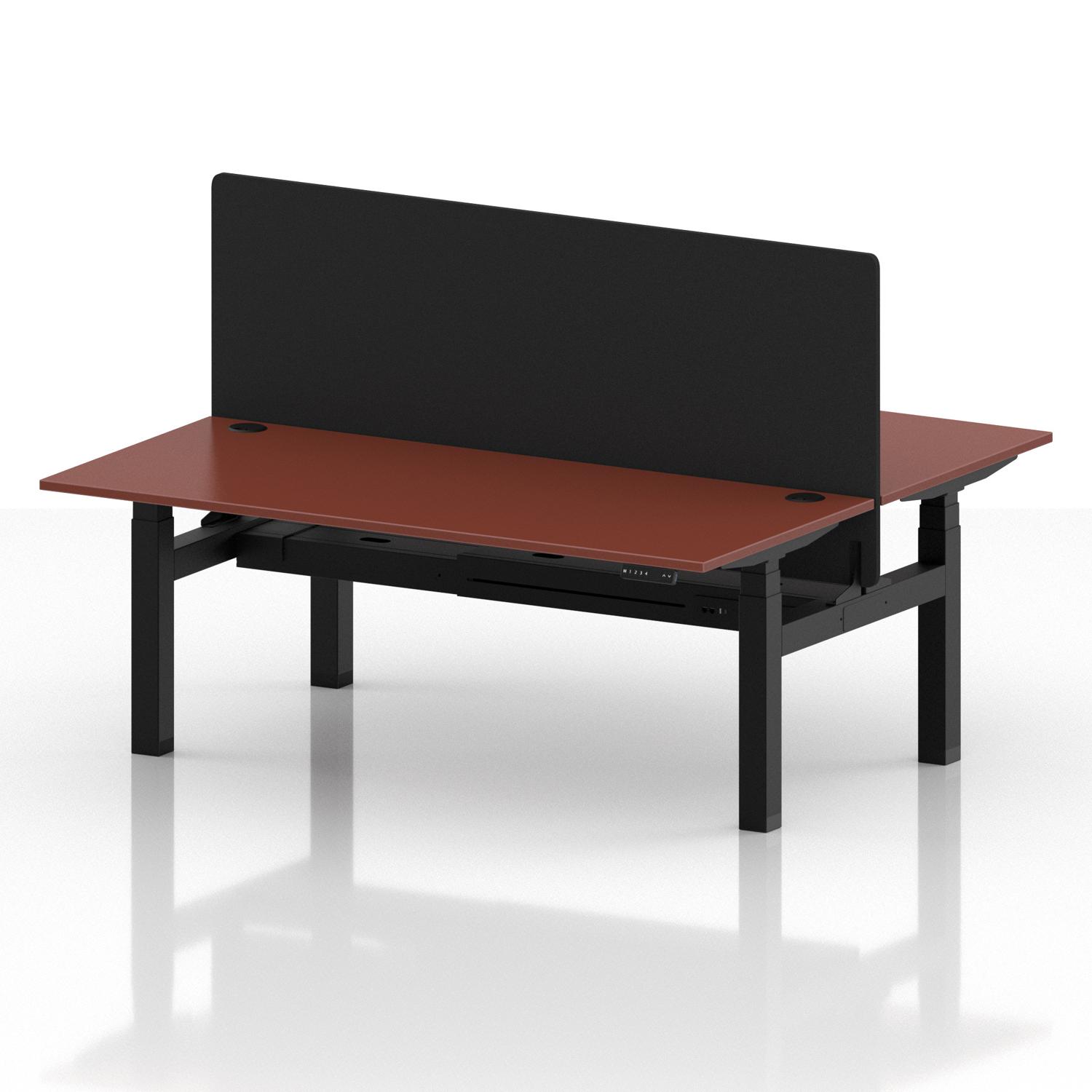 Air Back-to-Back 1800 x 800mm Height Adjustable 2 Person Office Bench Desk Brick Red Top with Cable Ports Black Frame with Black Straight Screen Air Back-to-Back 1800 x 800mm Height Adjustable 2 Person Office Bench Desk Brick Red Top with Cable Ports Black Frame with Black Straight Screen