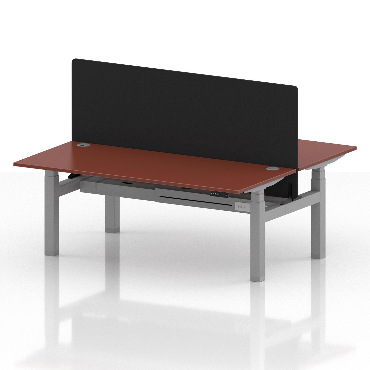 Air Back-to-Back 1800 x 800mm Height Adjustable 2 Person Office Bench Desk Brick Red Top with Cable Ports Silver Frame with Black Straight Screen Air Back-to-Back 1800 x 800mm Height Adjustable 2 Person Office Bench Desk Brick Red Top with Cable Ports Silver Frame with Black Straight Screen