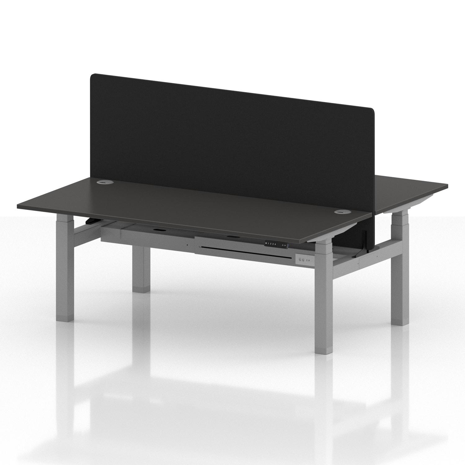 Air Back-to-Back 1800 x 800mm Height Adjustable 2 Person Office Bench Desk Carbon Grey Top with Cable Ports Silver Frame with Black Straight Screen Air Back-to-Back 1800 x 800mm Height Adjustable 2 Person Office Bench Desk Carbon Grey Top with Cable Ports Silver Frame with Black Straight Screen