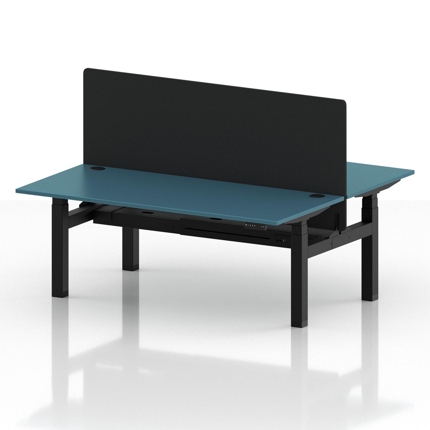 Air Back-to-Back 1800 x 800mm Height Adjustable 2 Person Office Bench Desk Dark Teal Top with Cable Ports Black Frame with Black Straight Screen Air Back-to-Back 1800 x 800mm Height Adjustable 2 Person Office Bench Desk Dark Teal Top with Cable Ports Black Frame with Black Straight Screen