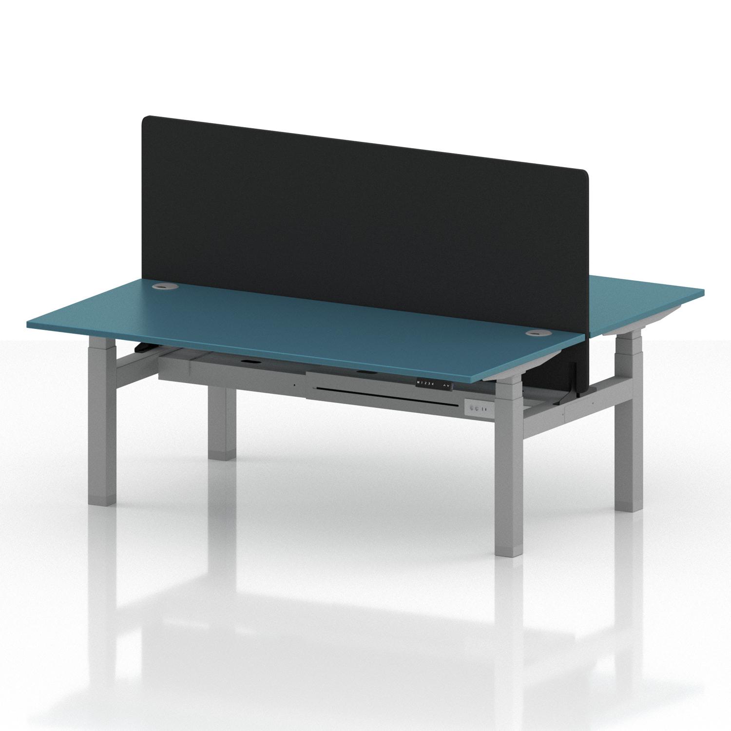 Air Back-to-Back 1800 x 800mm Height Adjustable 2 Person Office Bench Desk Dark Teal Top with Cable Ports Silver Frame with Black Straight Screen Air Back-to-Back 1800 x 800mm Height Adjustable 2 Person Office Bench Desk Dark Teal Top with Cable Ports Silver Frame with Black Straight Screen